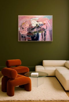 French Abstract Composition in Pink and Black, Oil on Canvas, Late 20th Century