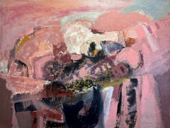French Abstract Composition in Pink and Black, Oil on Canvas, Late 20th Century