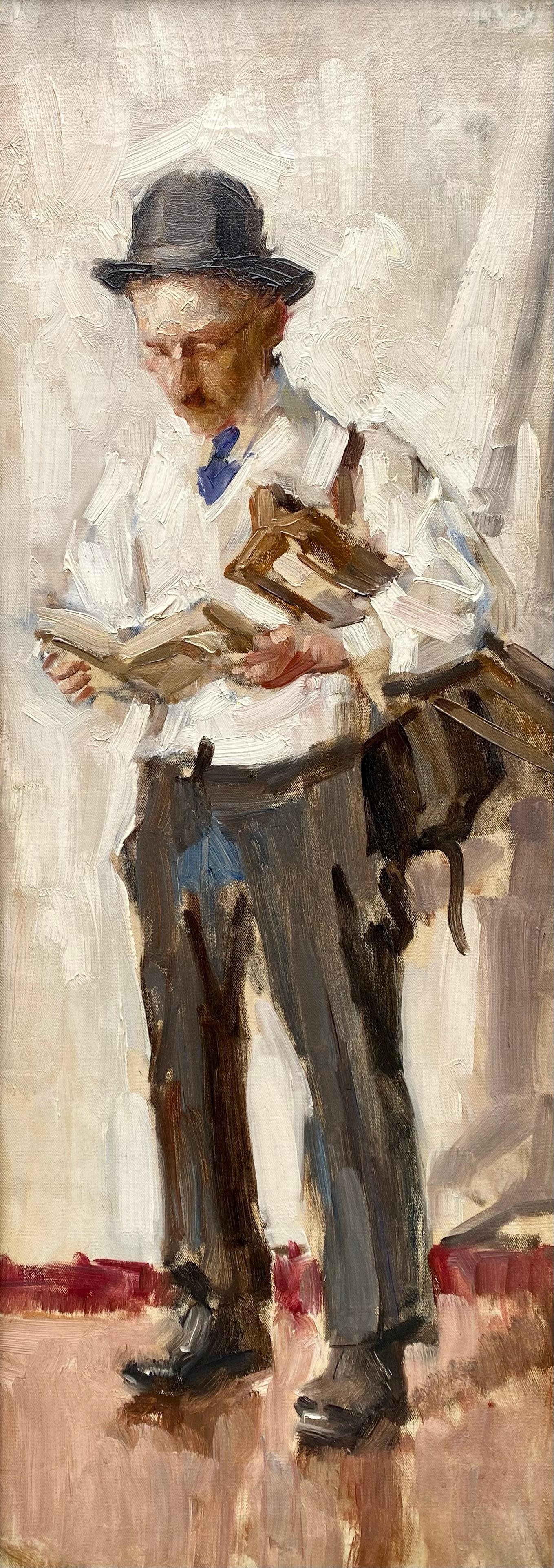 Jean Laudy
Venlo 1877 – 1877 Sint-Lambrechts-Woluwe
Dutch-Belgian Painter

'Man with a Book'
Signature: Signed top right and on revers 
Medium: Oil on canvas
Dimensions: Image size 82 x 30,50 cm, frame size 91 x 39 cm

Biography: Laudy Jean, born on