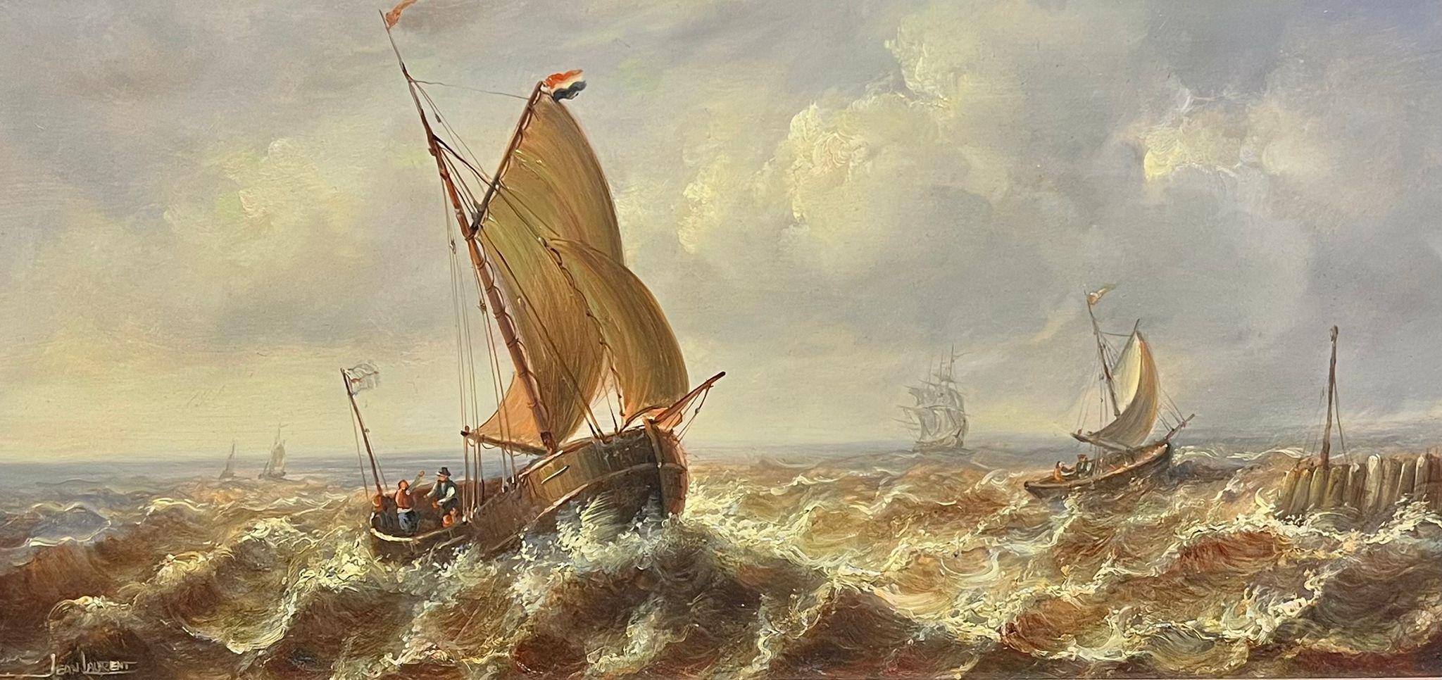 Barcos pesqueros holandeses en un paisaje marino con veleros en aguas agitadas - Painting de Jean Laurent 
