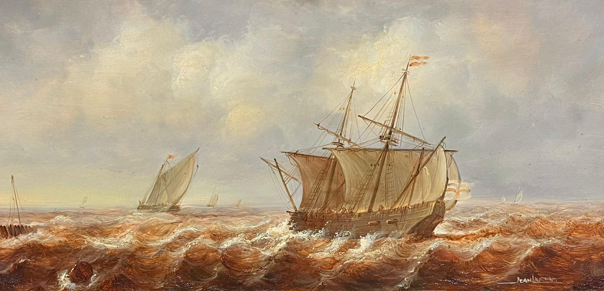 Barche da pesca olandesi in un paesaggio marino mosso con navi a vela in acque agitate - Painting di Jean Laurent 