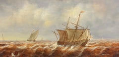 Dutch Fishing Boats in a Swell Seascape with Sailing Ships in Rough Waters