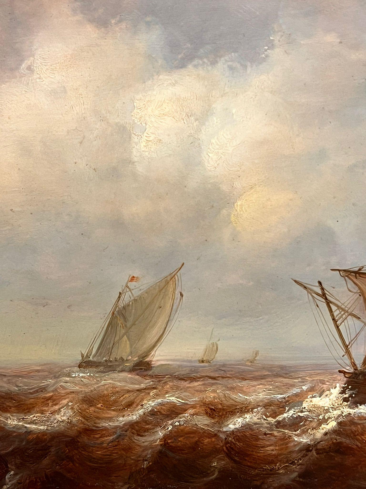 Barche da pesca olandesi in un paesaggio marino mosso con navi a vela in acque agitate - Landscape Painting Beige di Jean Laurent 
