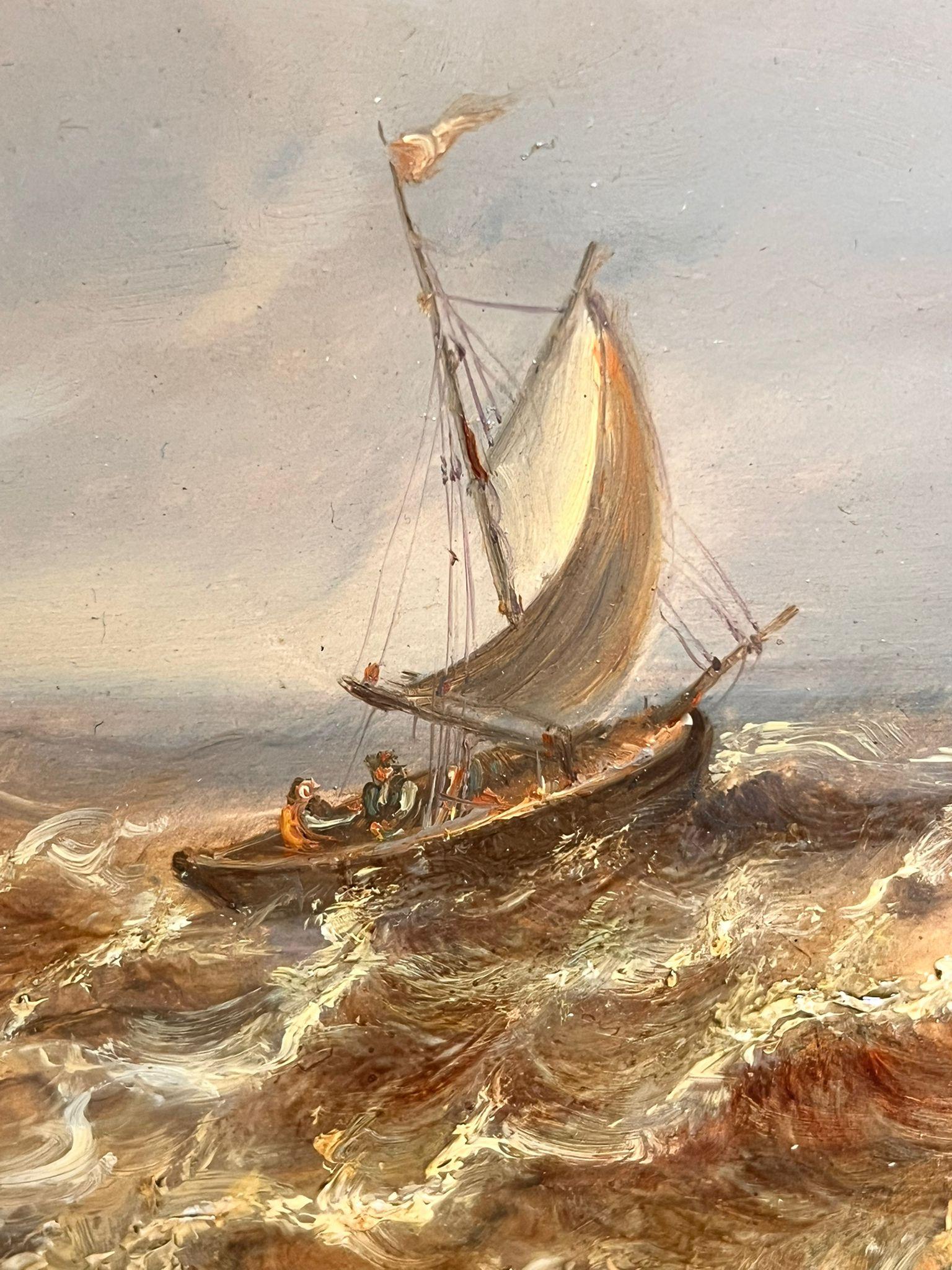 Barcos pesqueros holandeses en un paisaje marino con veleros en aguas agitadas en venta 1