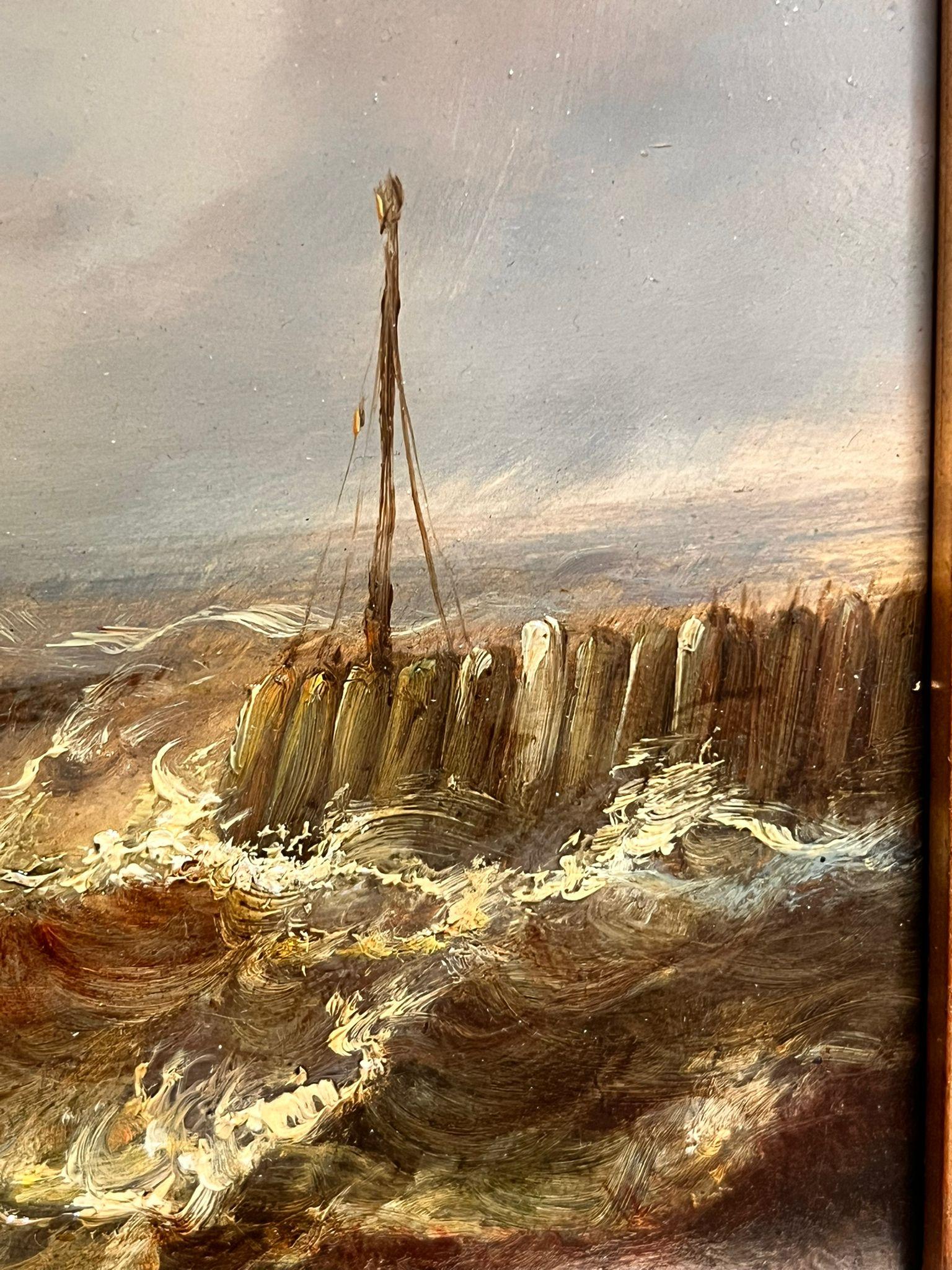 Barcos pesqueros holandeses en un paisaje marino con veleros en aguas agitadas en venta 3