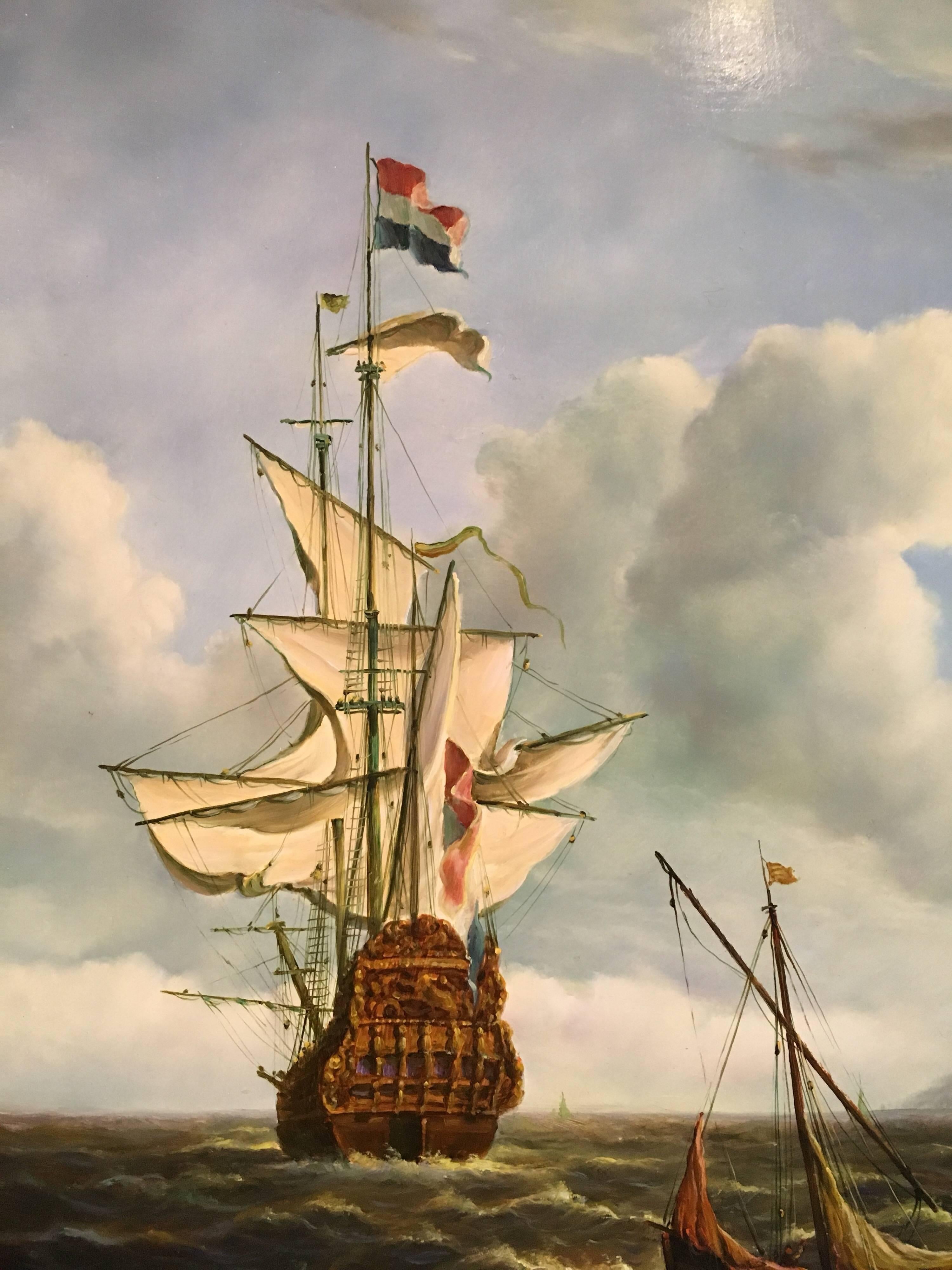 Dutch Man of War, Battleship at Sea, Signed Oil - Old Masters Painting by Jean Laurent