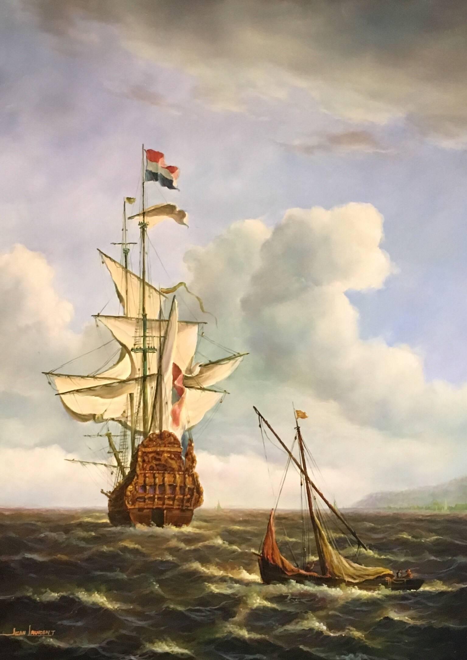 Jean Laurent Landscape Painting - Dutch Man of War, Battleship at Sea, Signed Oil
