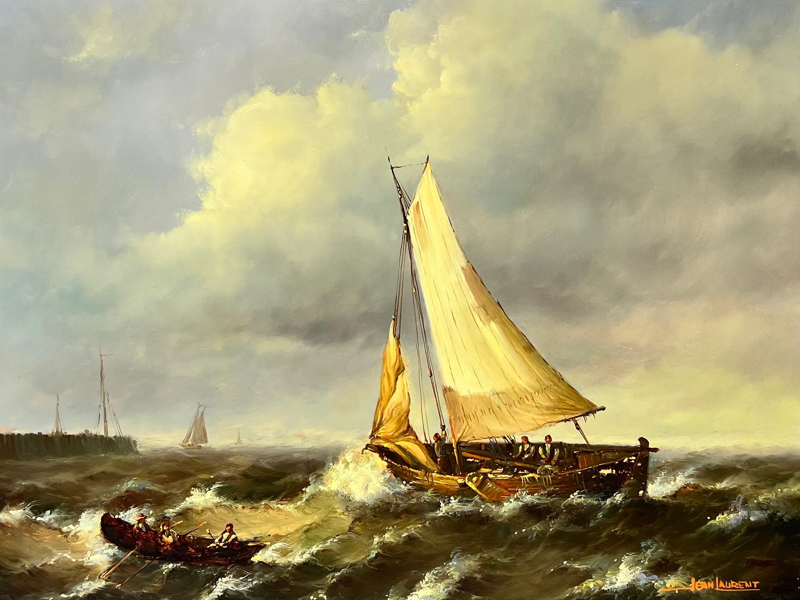 Belle peinture à l'huile française représentant un bateau de pêche sur des mers coquillages, signée d'origine - Painting de Jean Laurent