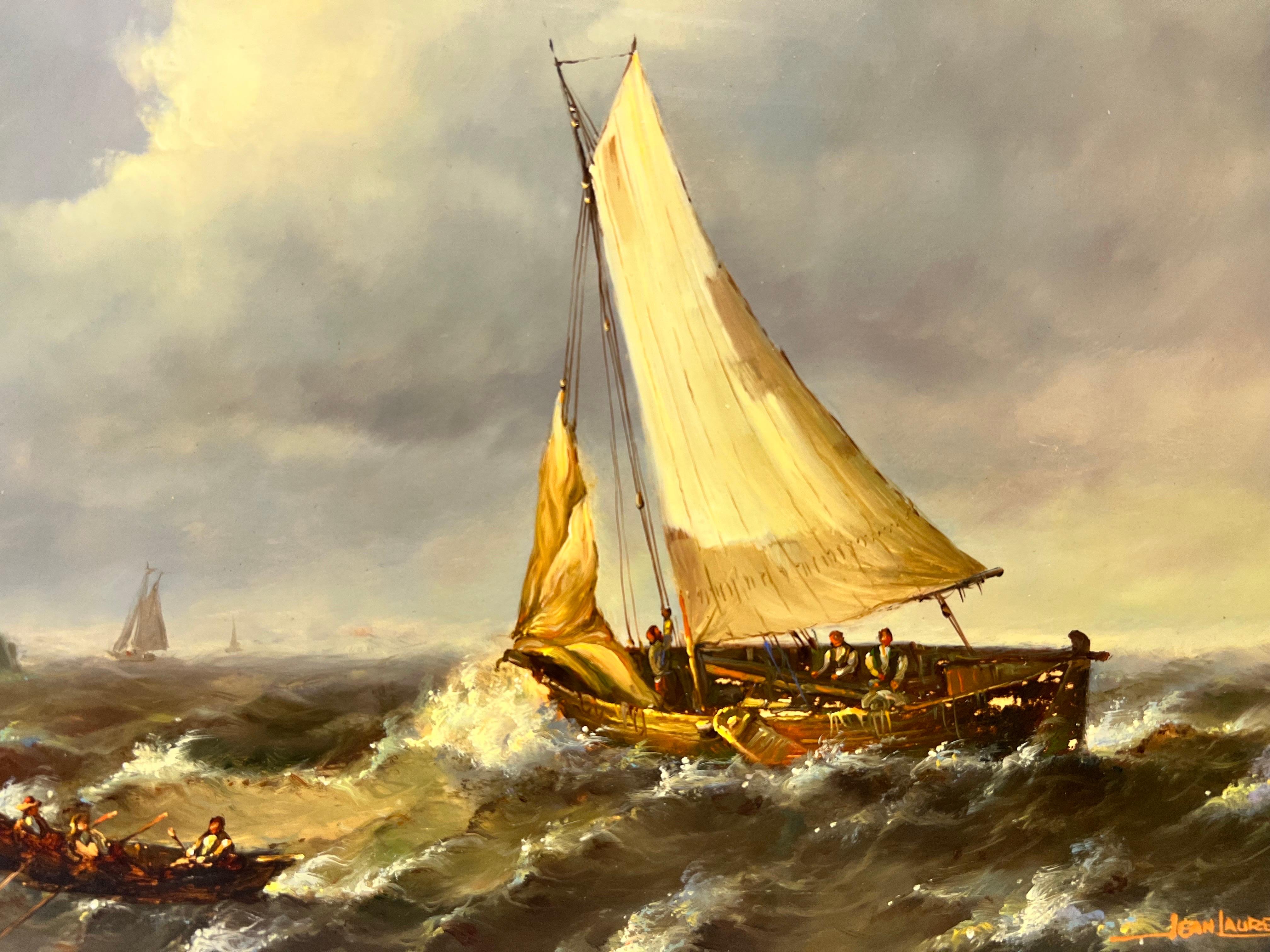 Belle peinture à l'huile française représentant un bateau de pêche sur des mers coquillages, signée d'origine - Victorien Painting par Jean Laurent