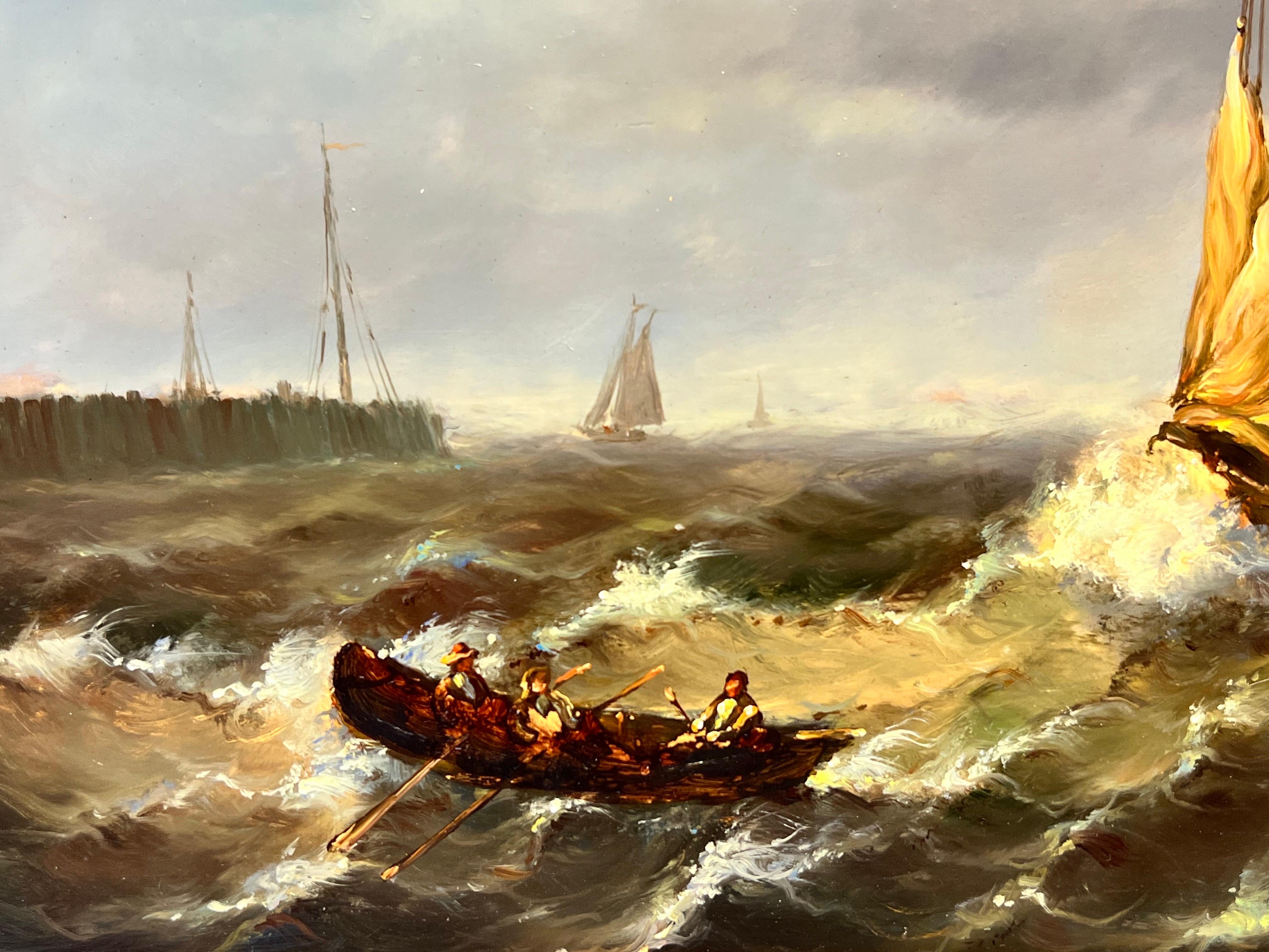 Belle peinture à l'huile française représentant un bateau de pêche sur des mers coquillages, signée d'origine en vente 1