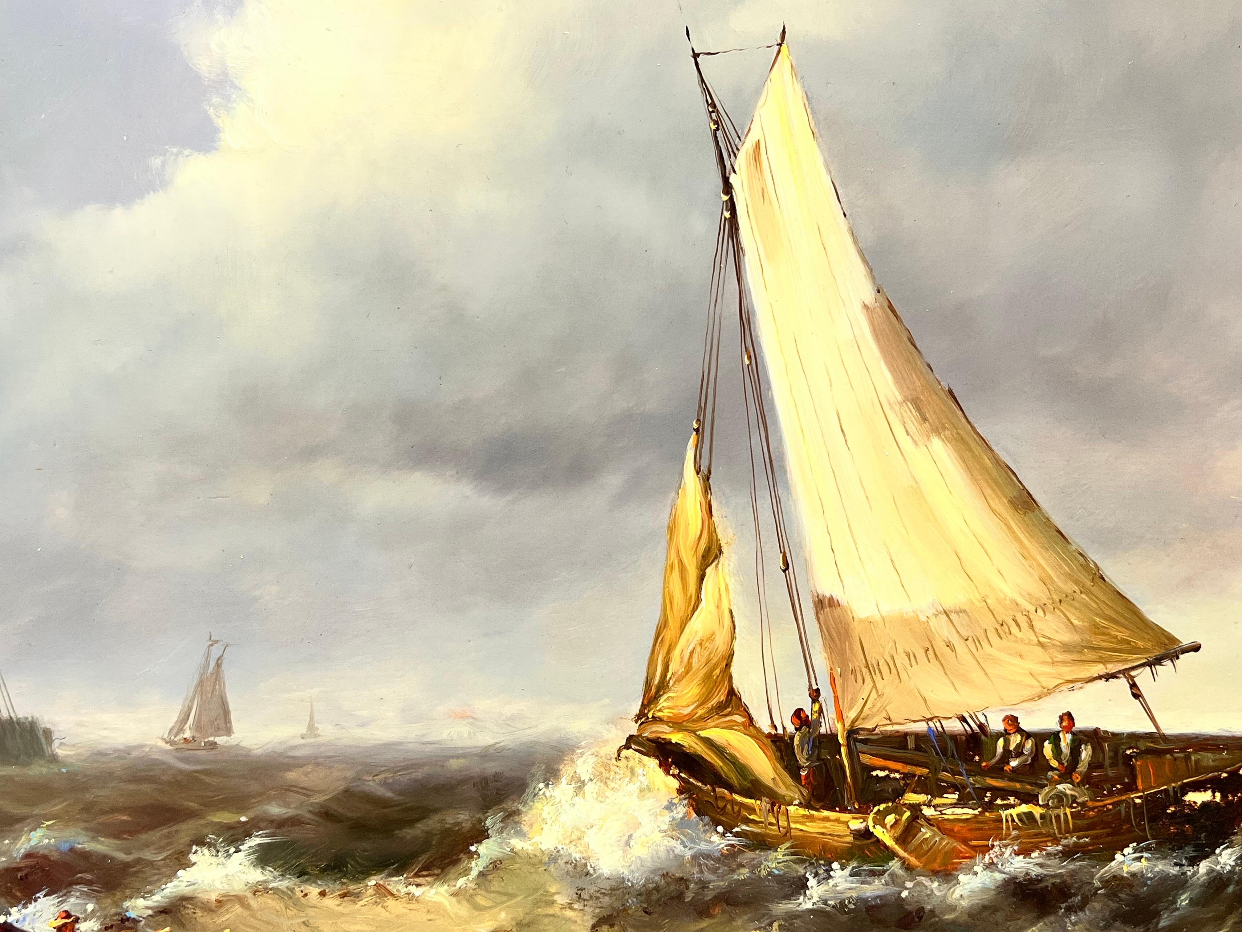 Belle peinture à l'huile française représentant un bateau de pêche sur des mers coquillages, signée d'origine en vente 2