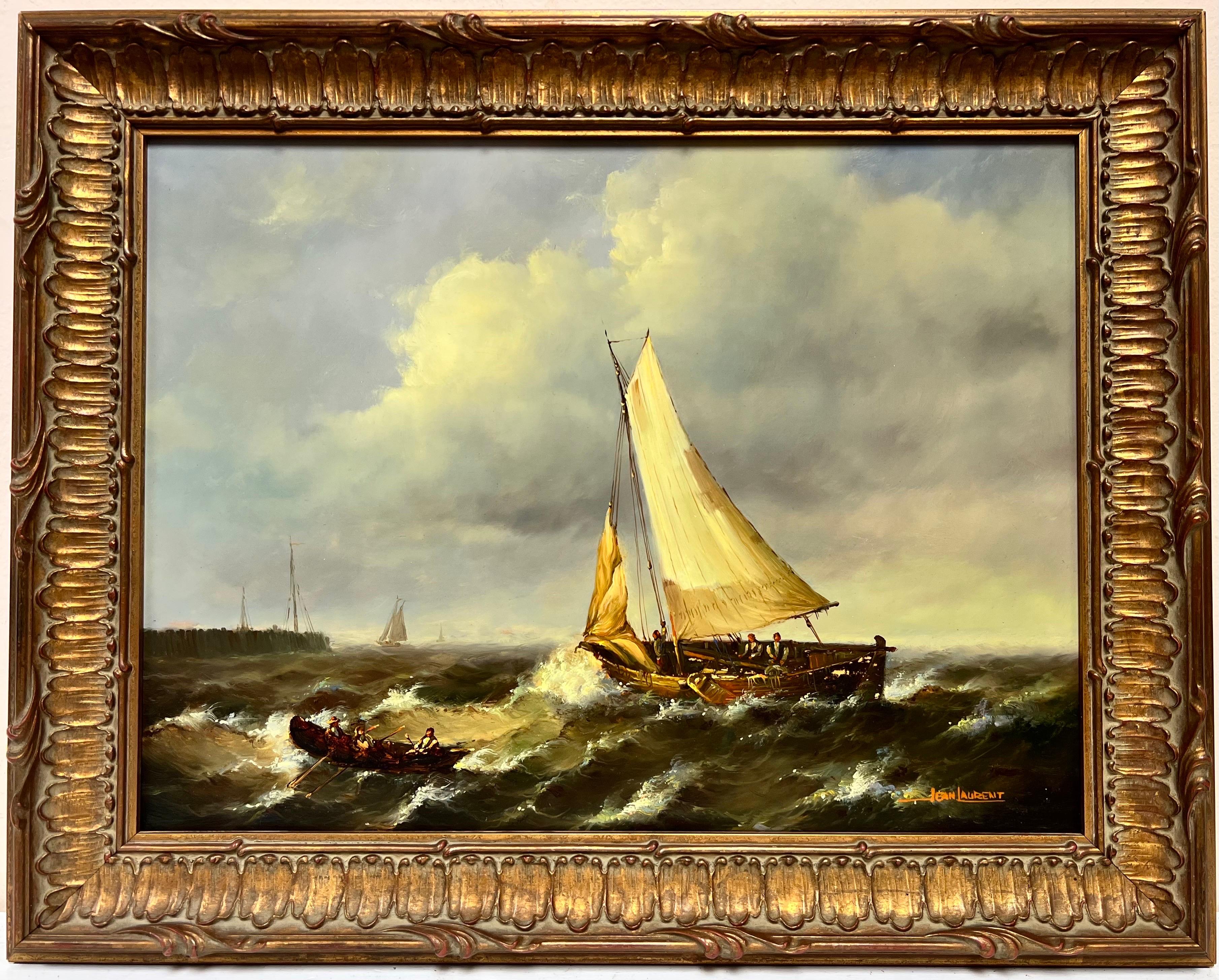Figurative Painting Jean Laurent - Belle peinture à l'huile française représentant un bateau de pêche sur des mers coquillages, signée d'origine
