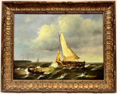 Belle peinture à l'huile française représentant un bateau de pêche sur des mers coquillages, signée d'origine