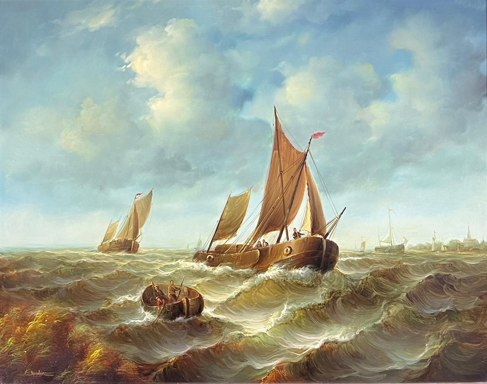 Fine Marine Signed Oil Painting Old Sailing Boats on Choppy Seas Gilt Encadré - Marron Figurative Painting par Jean Laurent