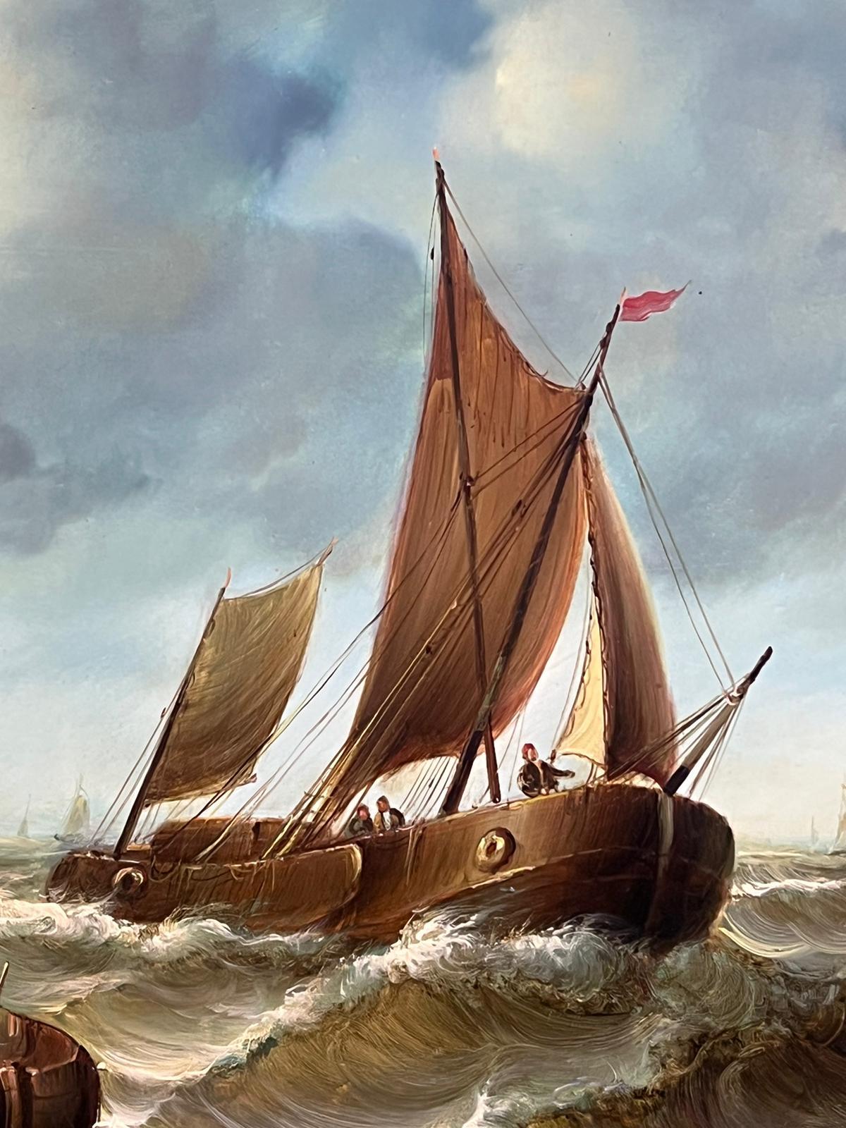 Fine Marine Signed Oil Painting Old Sailing Boats on Choppy Seas Gilt Encadré en vente 2