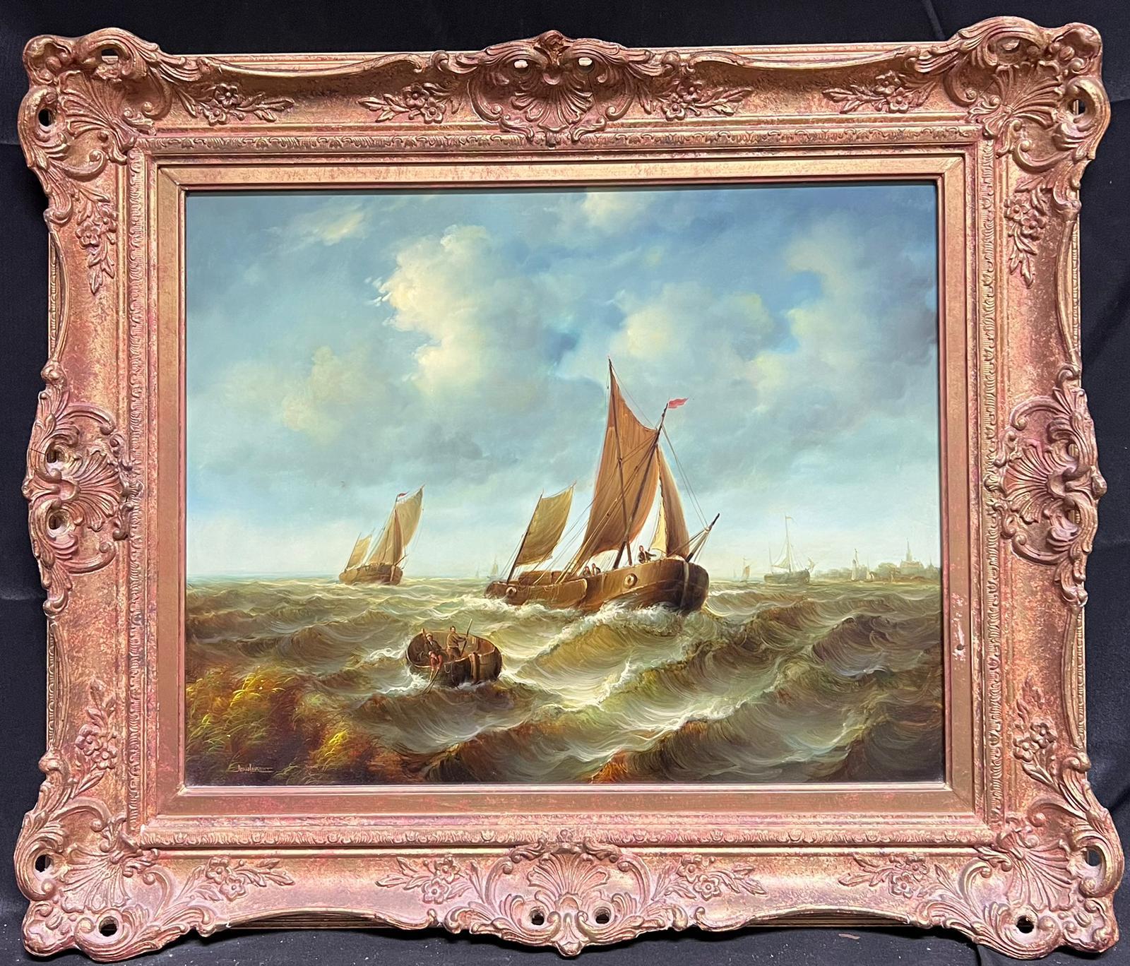 Fine Marine Signed Oil Painting Old Sailing Boats on Choppy Seas Gilt Framed