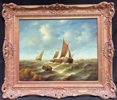 Vintage Fine Marine Signed Oil Painting Old Sailing Boats on Choppy Seas Gilt Framed