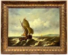 Fishing Boat on Stormy Seas off Coastline, Fine French Marine Oil Painting