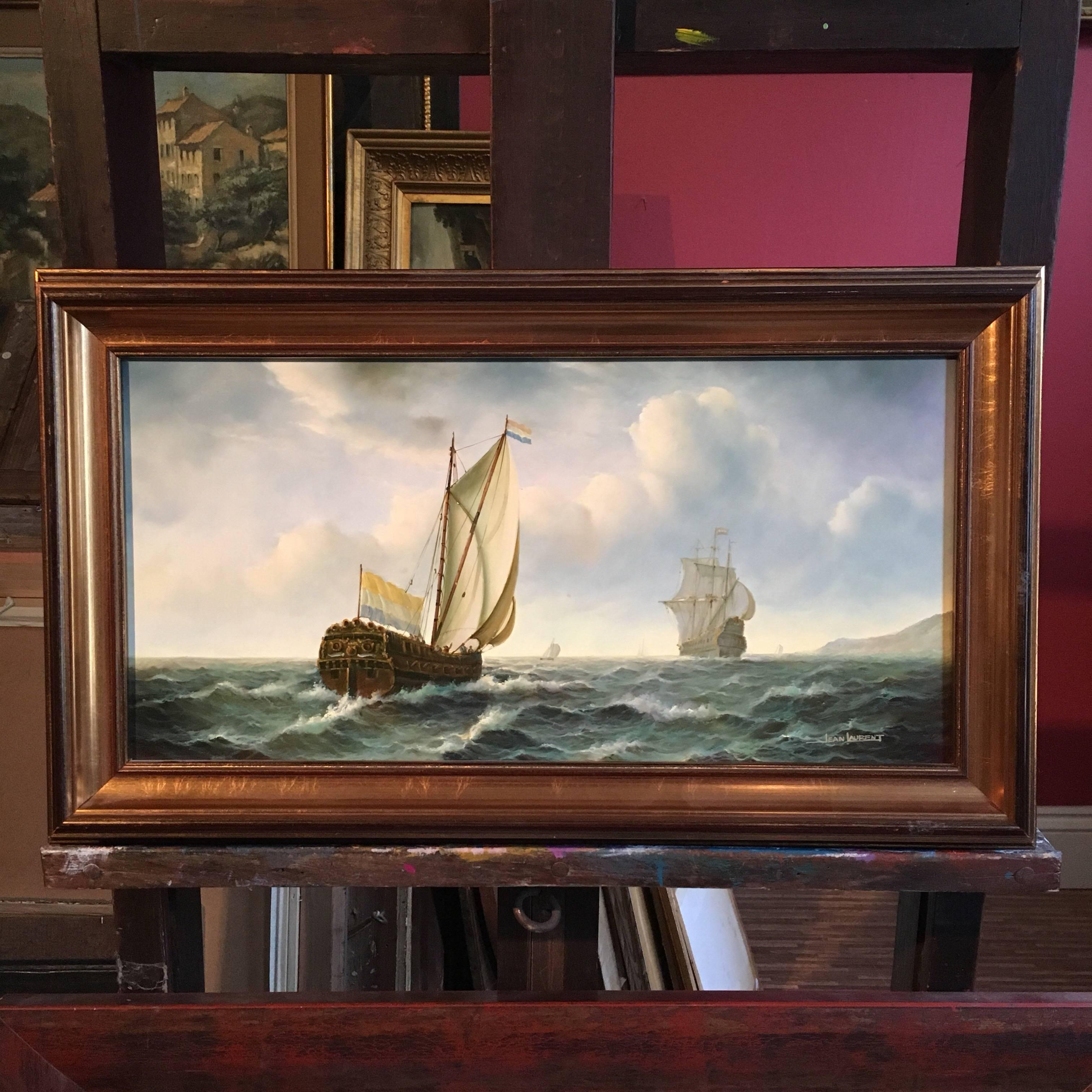French Galleons at Sea, Signed Oil - Painting by Jean Laurent