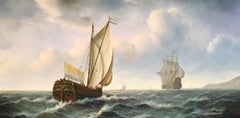 French Galleons at Sea, Signed Oil