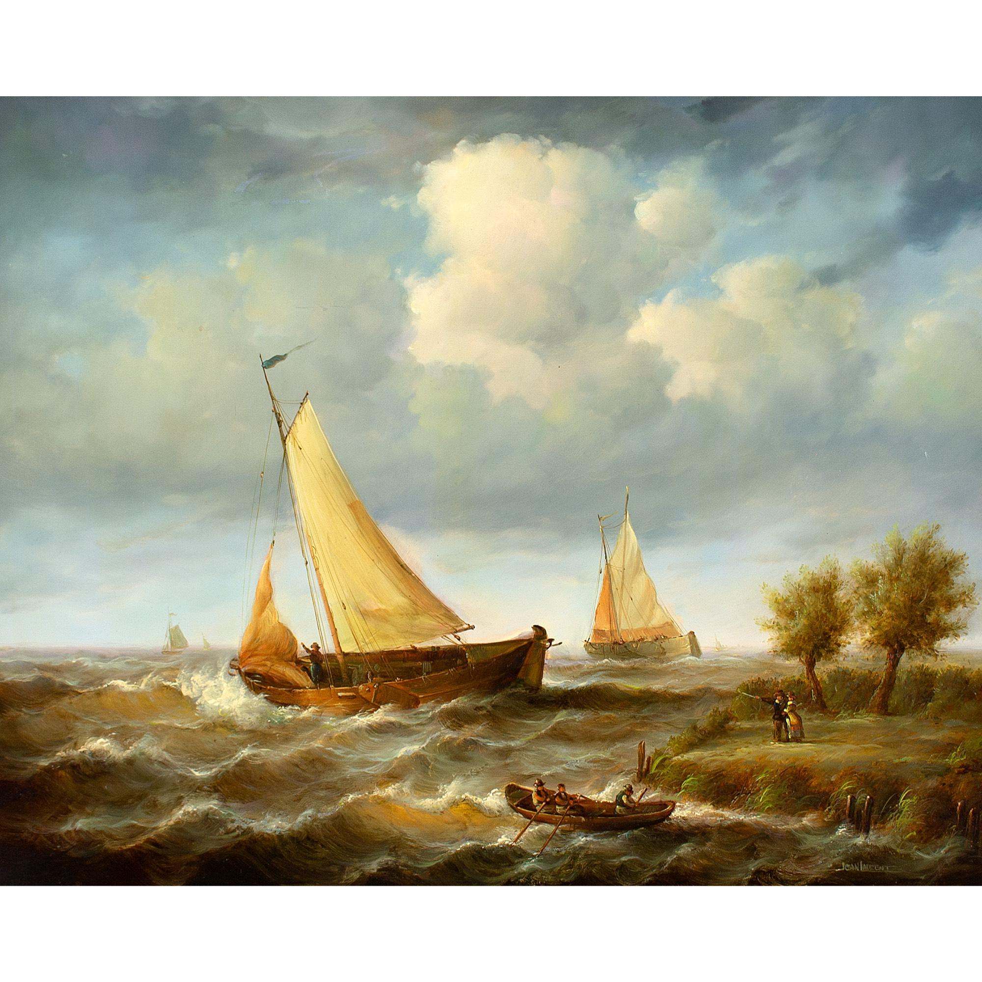 Jean Laurent, Coastal Marine Scene With Figures, Sailboats & Rowboat 1
