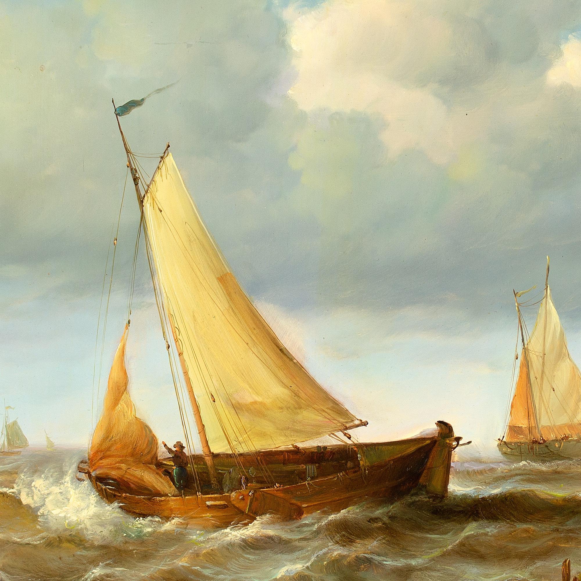Jean Laurent, Coastal Marine Scene With Figures, Sailboats & Rowboat 4