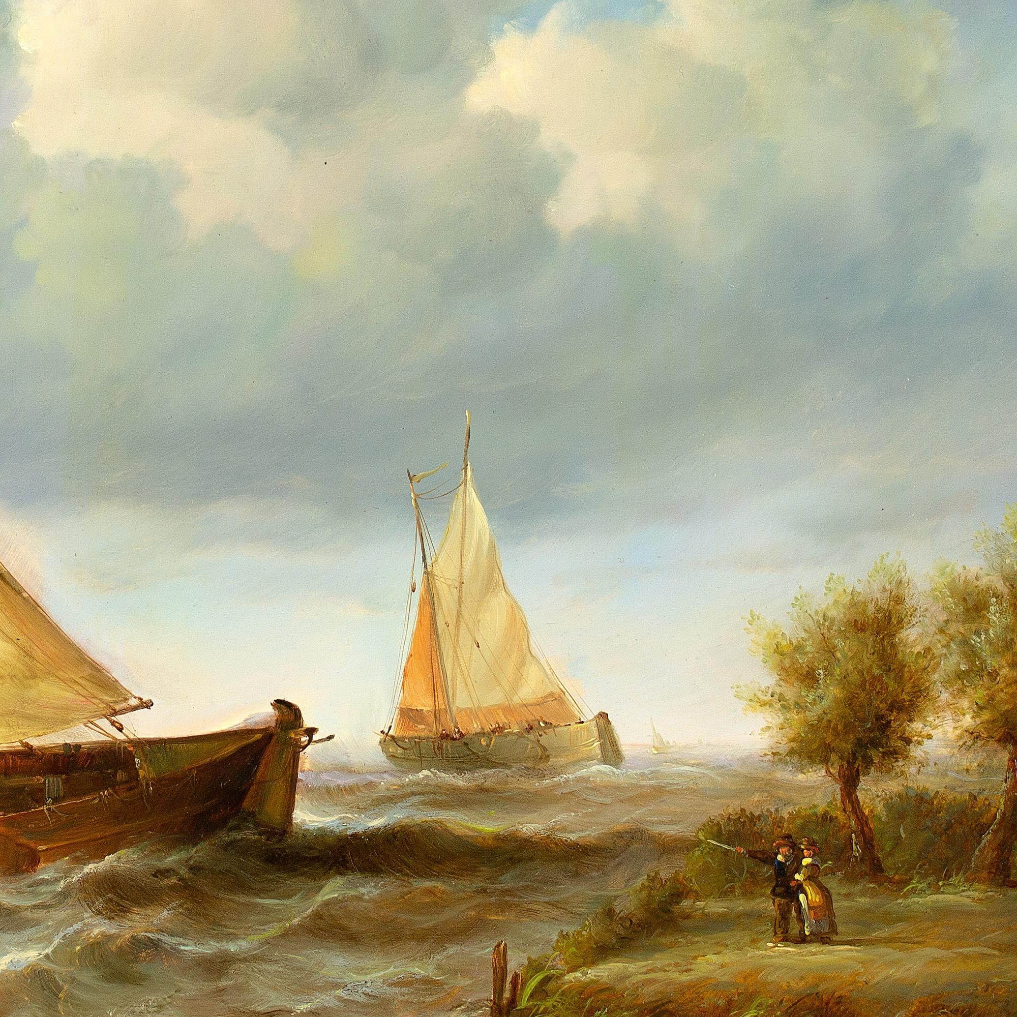 Jean Laurent, Coastal Marine Scene With Figures, Sailboats & Rowboat 5