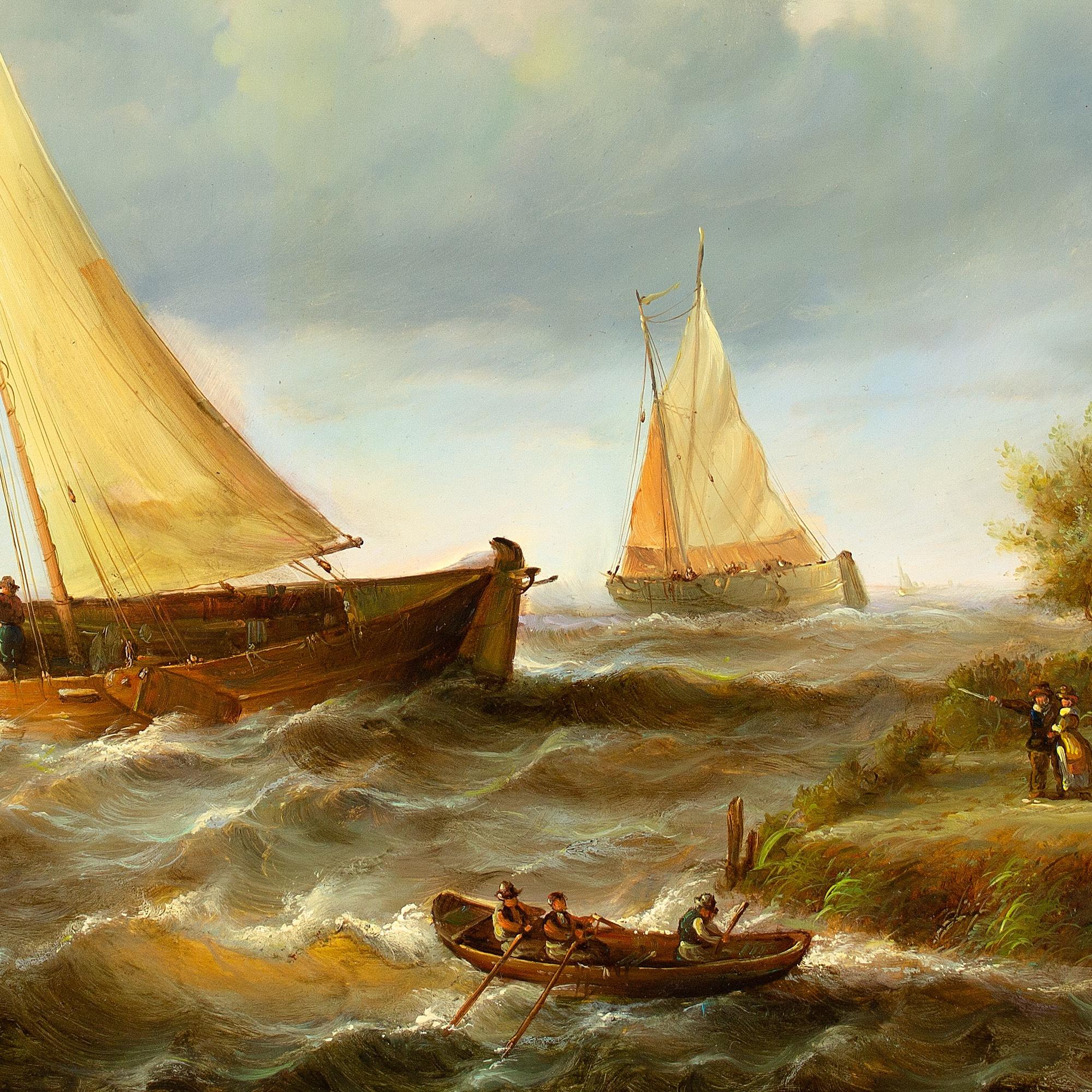 Jean Laurent, Coastal Marine Scene With Figures, Sailboats & Rowboat 6