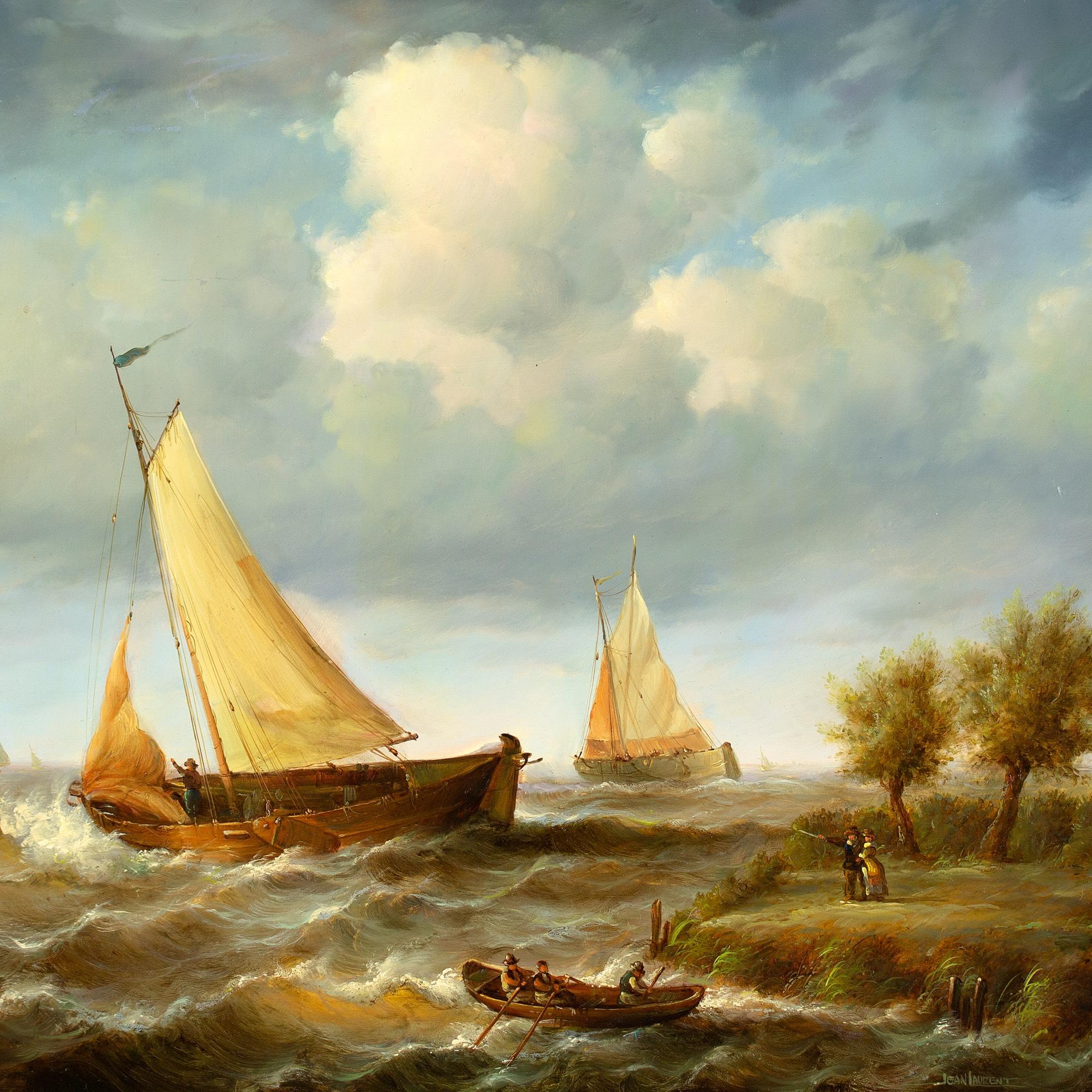 Jean Laurent, Coastal Marine Scene With Figures, Sailboats & Rowboat 7