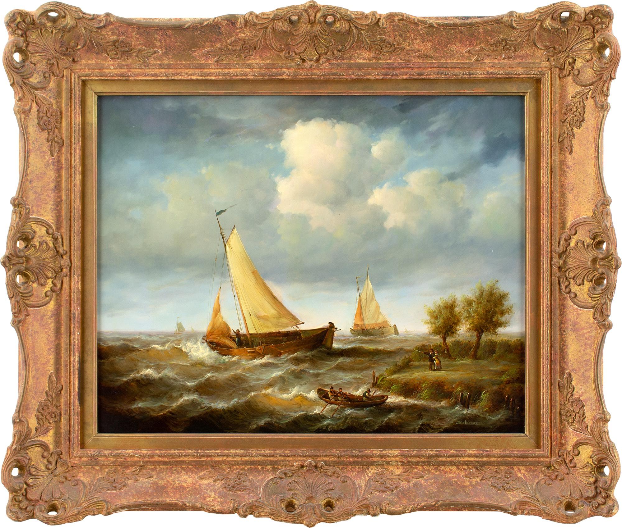 This bright and vibrant mid-20th-century oil painting by French artist Jean Laurent (1898-1988) depicts several sailboats and a rowboat buffeted by the waves while a smartly attired couple looks on. It’s an homage to the masters of