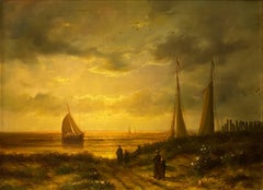 Antique Sailboat departure by Jean Laurent - Oil on wood 29x38 cm