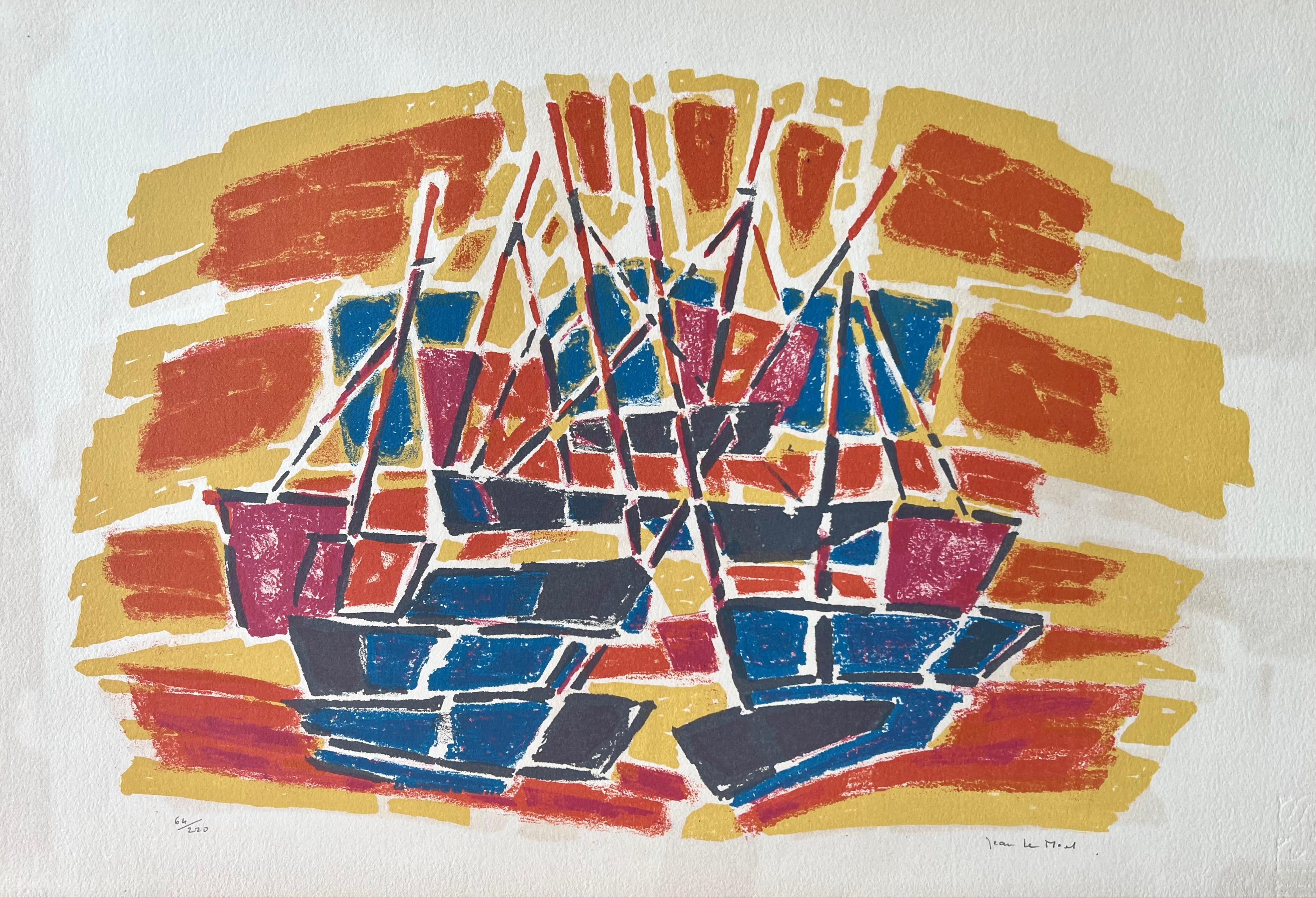 Jean Le Moal Abstract Painting - Untitled,  sailboat, original lithograph