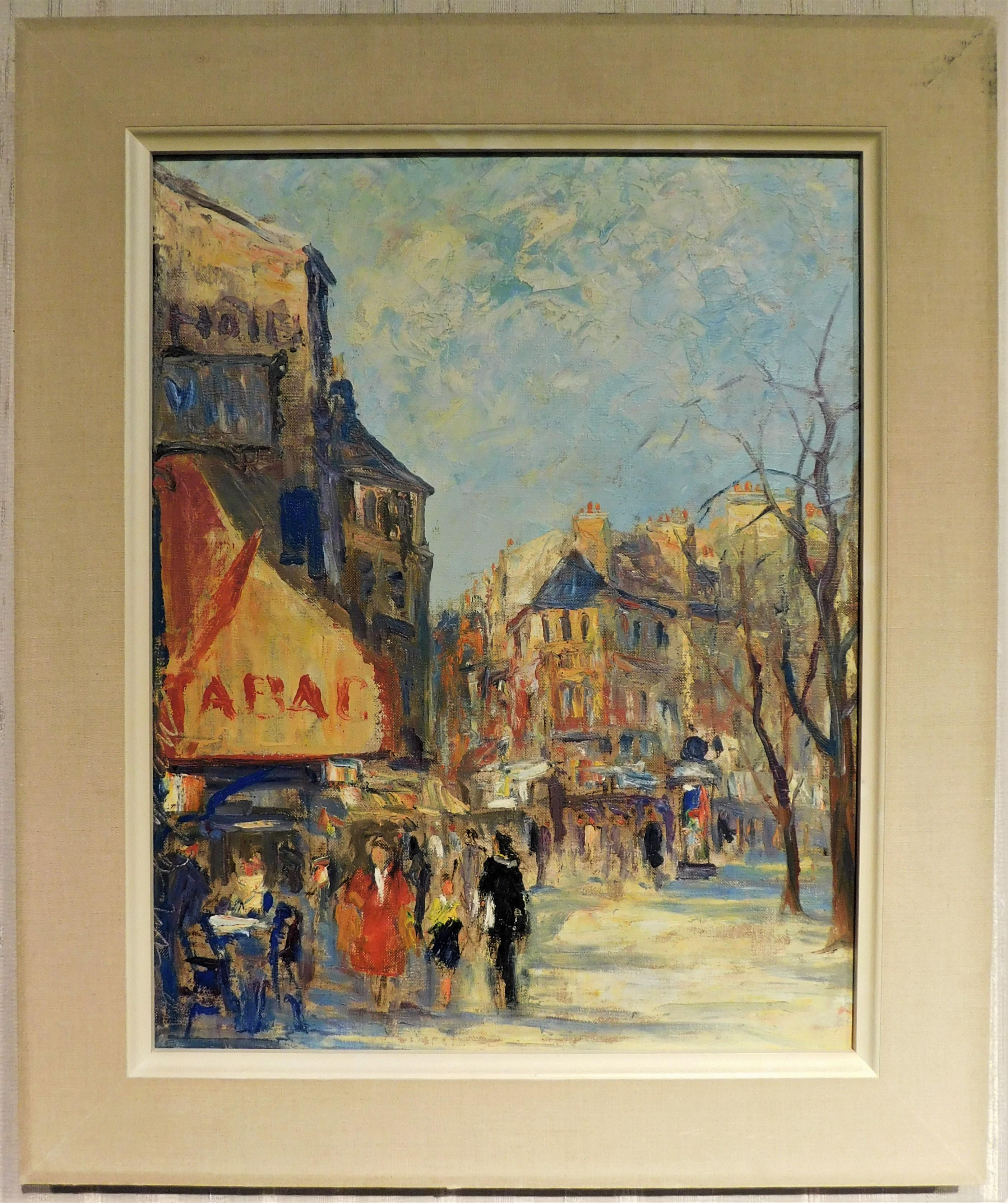 Original oil on canvas signed Jean Le Van along the lower left side of the painting. Jean Le Van is a known and listed pseudonym for Ernst Rasmussen that he used while residing in Paris during the 1940's. The scene pictured is of Paris, France and