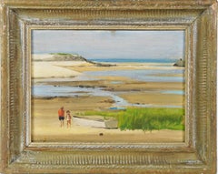 Antique American School Signed Hamptons Beach Original Figurative Oil Painting