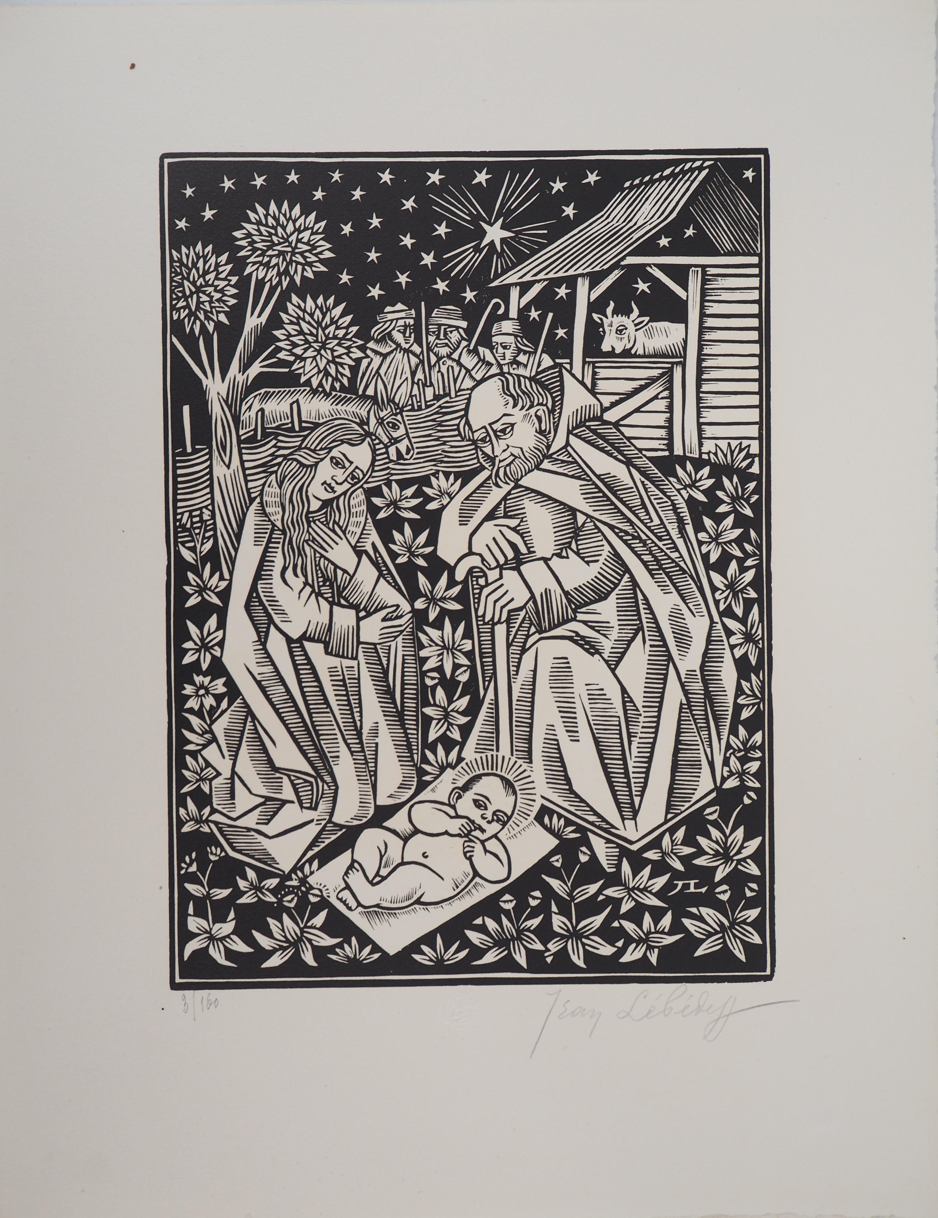 Nativity with Donkey and Bull - Original wooodcut, Handsigned & numbered /160 - Print by Jean LEBEDEFF 