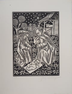 Nativity with Donkey and Bull - Original wooodcut, Handsigned & numbered /160