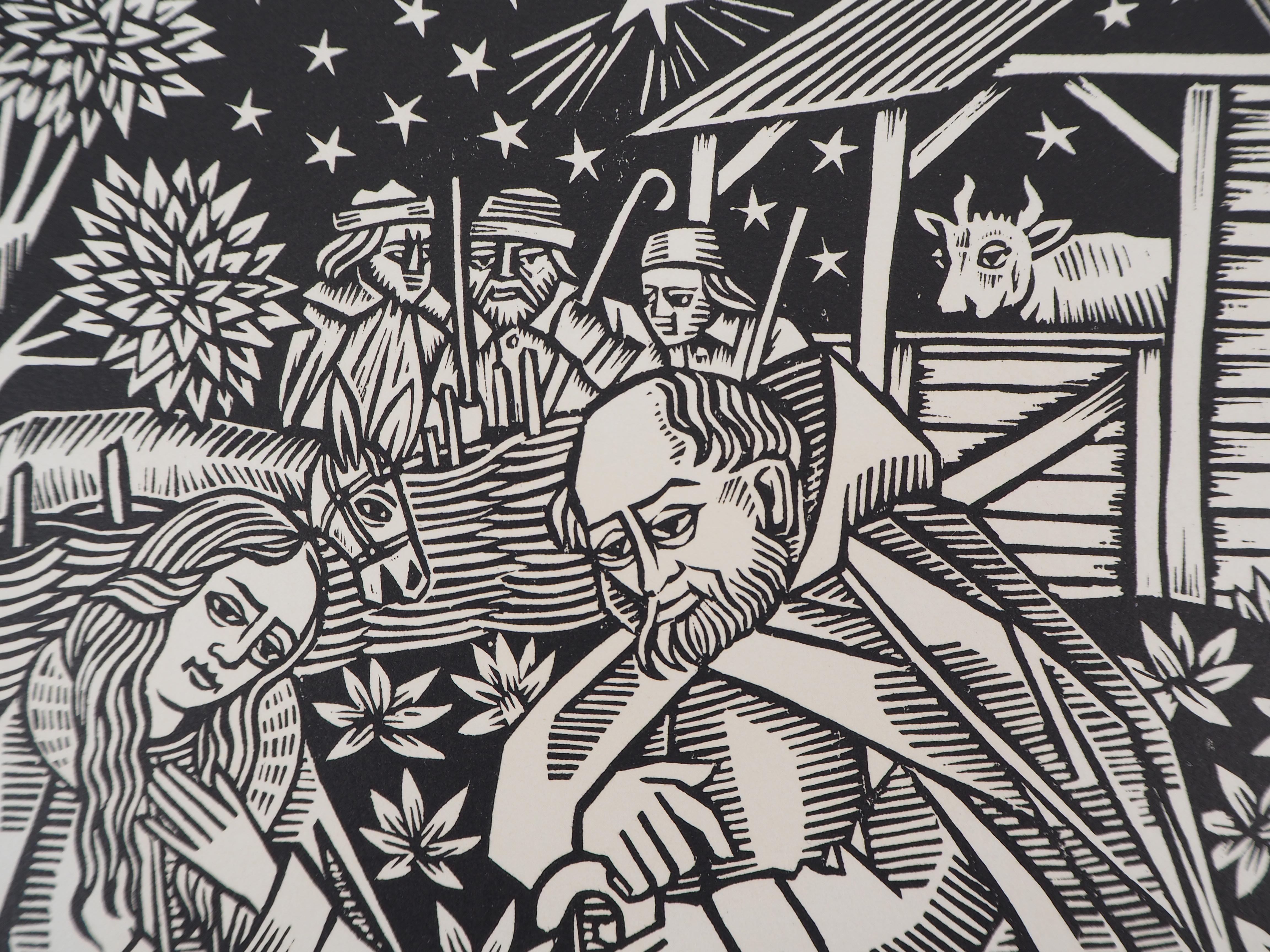 Nativity with Donkey and Bull - Original wooodcut, Handsigned & numbered /160 - Gray Figurative Print by Jean LEBEDEFF 