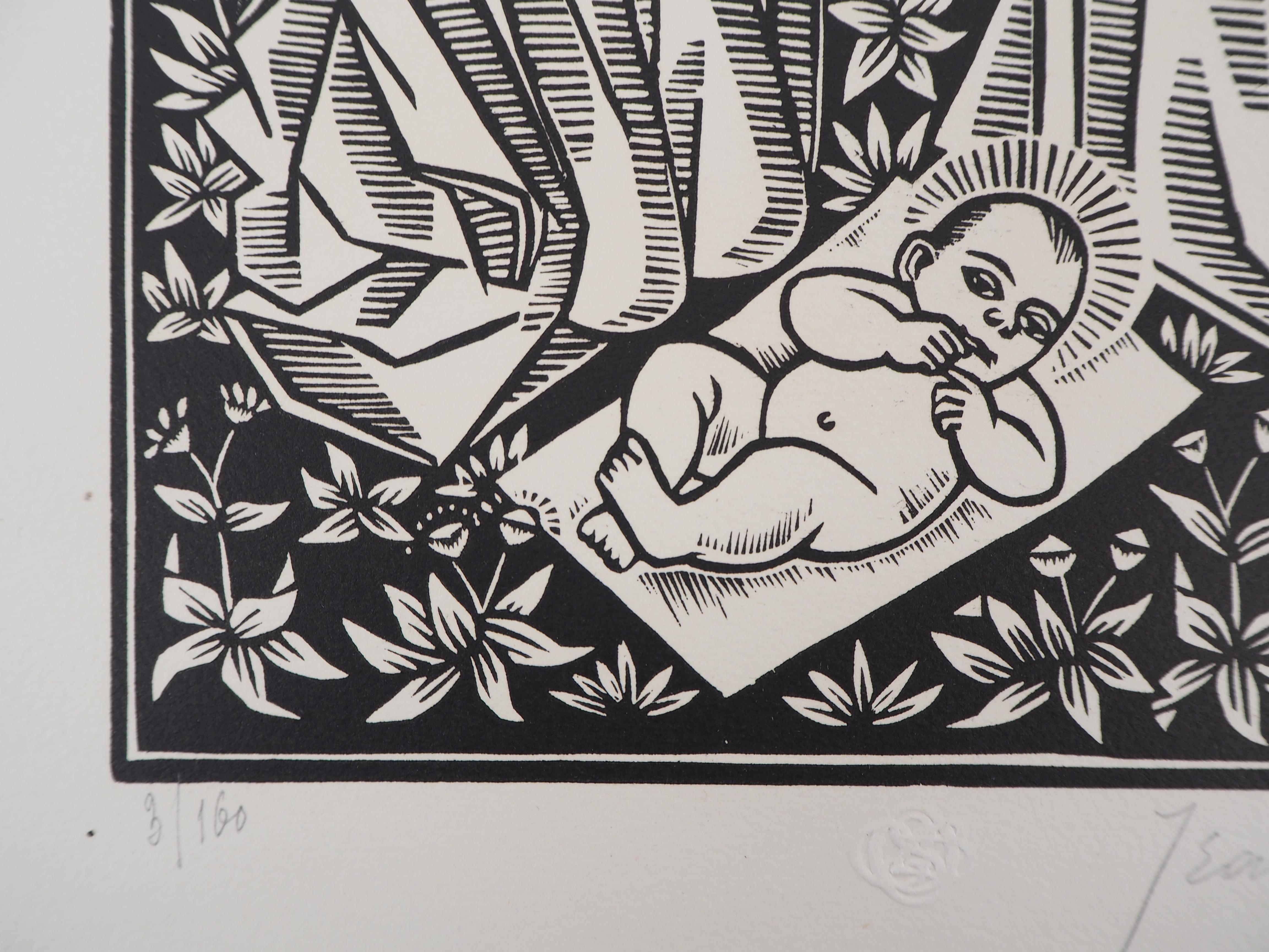 Jean LEBEDEFF (1884-1972)
Nativity with Donkey and Bull, 1926

Original woodcut
Handsigned in pencil
Numbered /160
On vellum 32.5 x 25.5 cm (c. 13 x 10 in)
Bears the blind stamp of the editor 'Imagier de la Gravure sur Bois' (Lugt 1140a)

Excellent