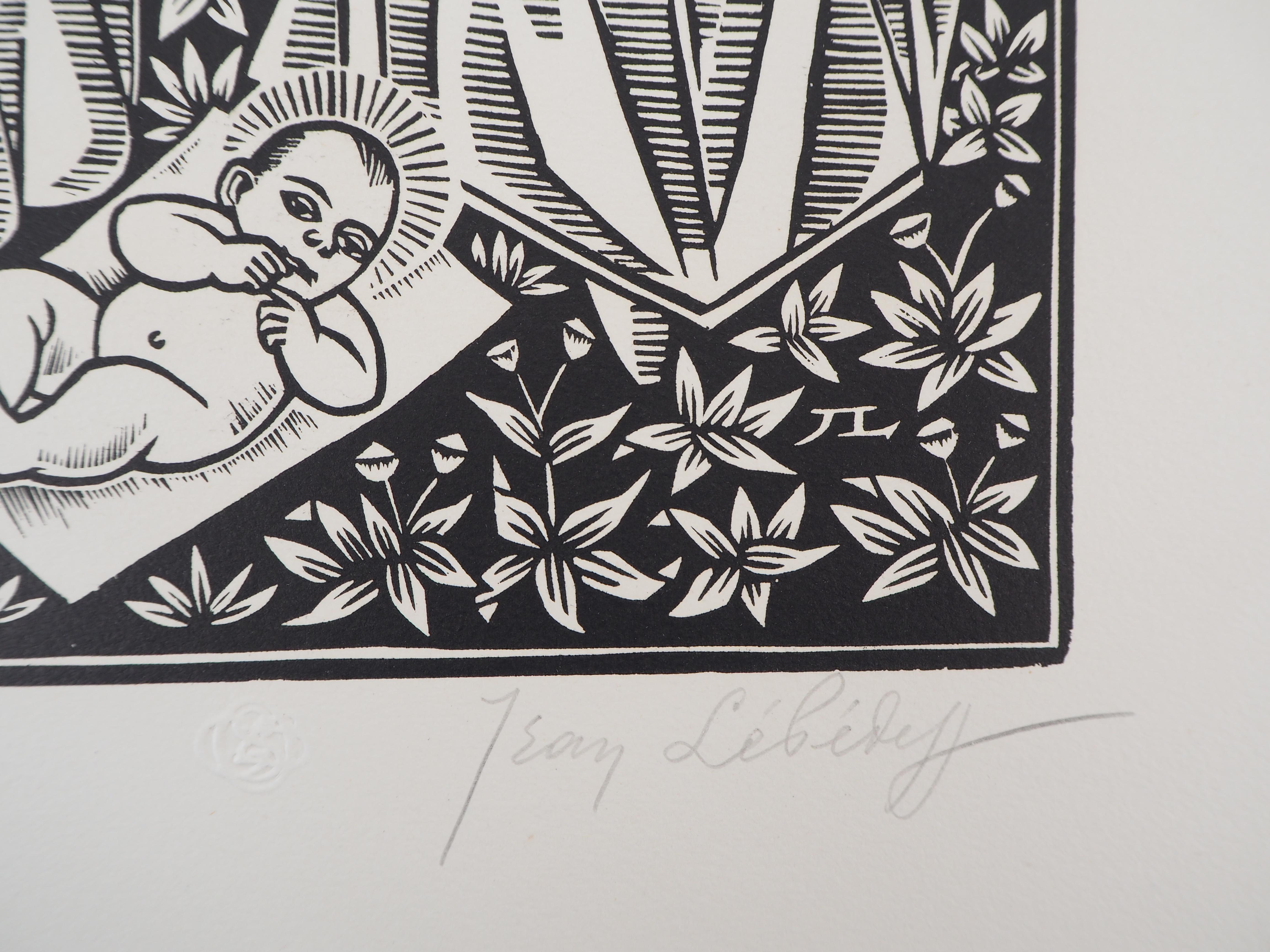 Nativity with Donkey and Bull - Original wooodcut, Handsigned & numbered /160 For Sale 1