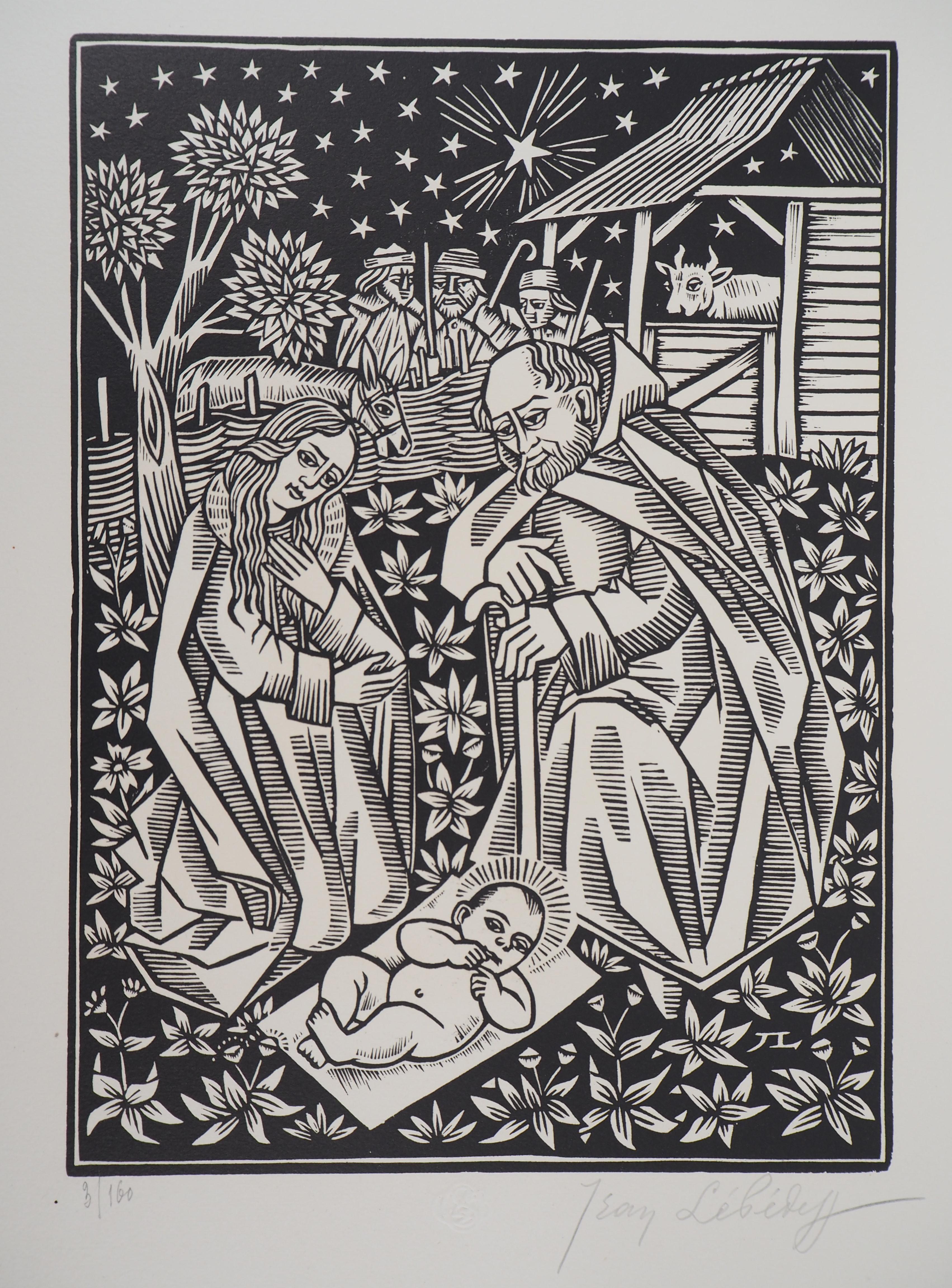 Jean LEBEDEFF  Figurative Print - Nativity with Donkey and Bull - Original wooodcut, Handsigned & numbered /160