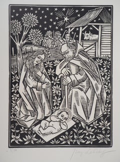 Nativity with Donkey and Bull - Original wooodcut, Handsigned & numbered /160