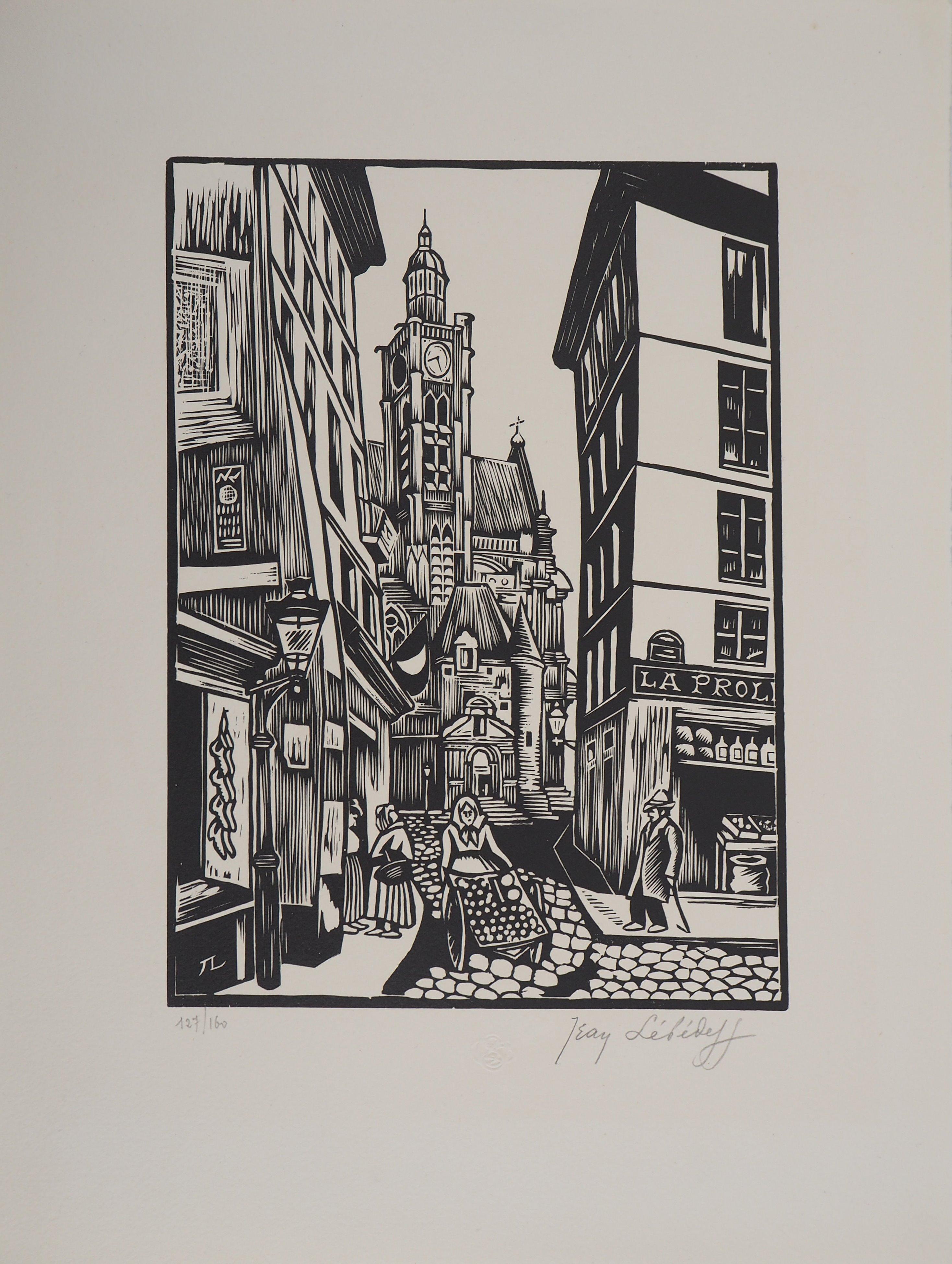 Paris, Alte Straße im Quartier Latin - Original-Holzschnitt, handsigniert – Print von Jean LEBEDEFF 