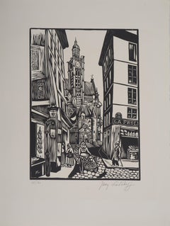 Paris, Alte Straße im Quartier Latin - Original-Holzschnitt, handsigniert