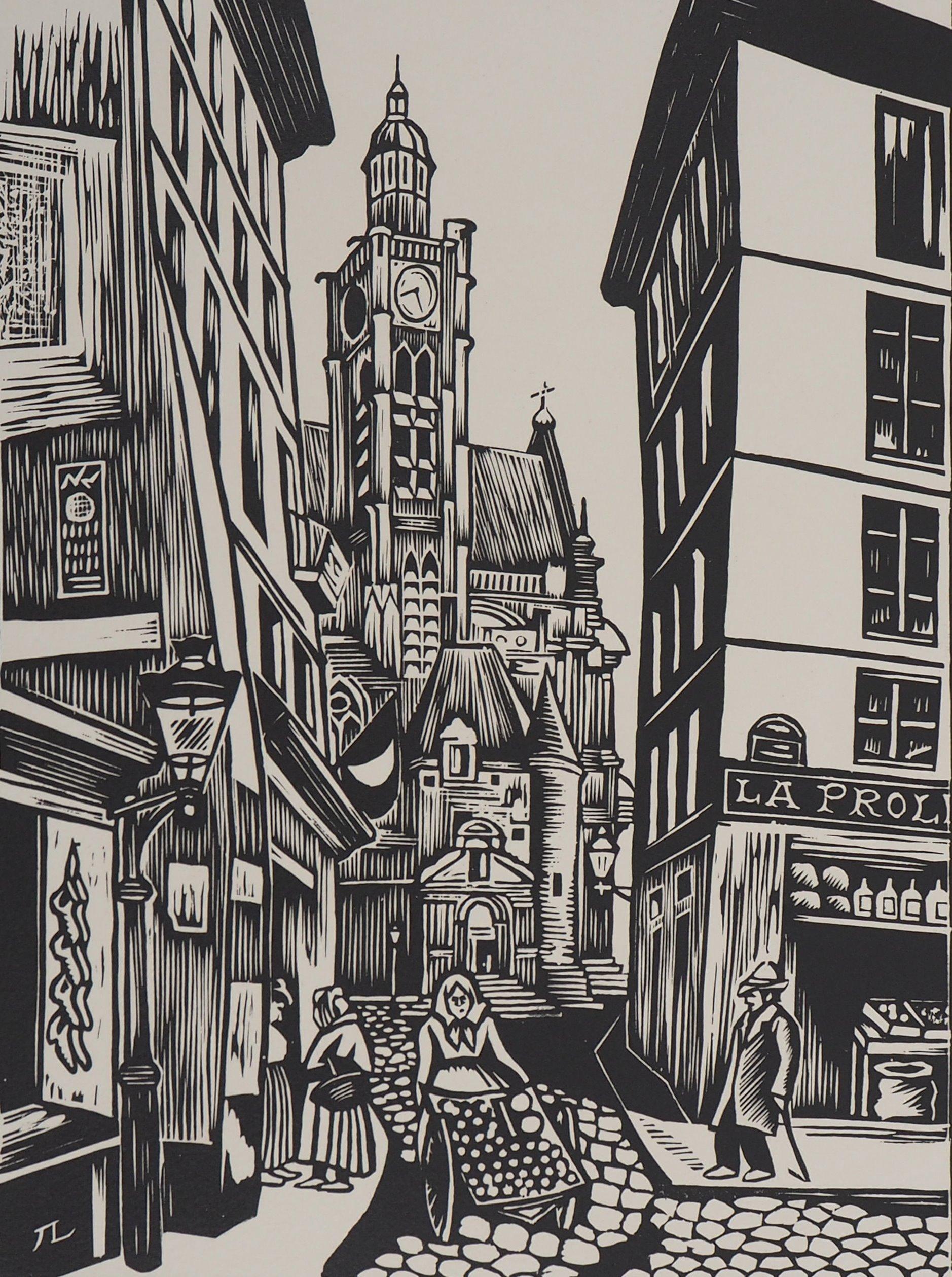 Paris, Alte Straße im Quartier Latin - Original-Holzschnitt, handsigniert (Moderne), Print, von Jean LEBEDEFF 