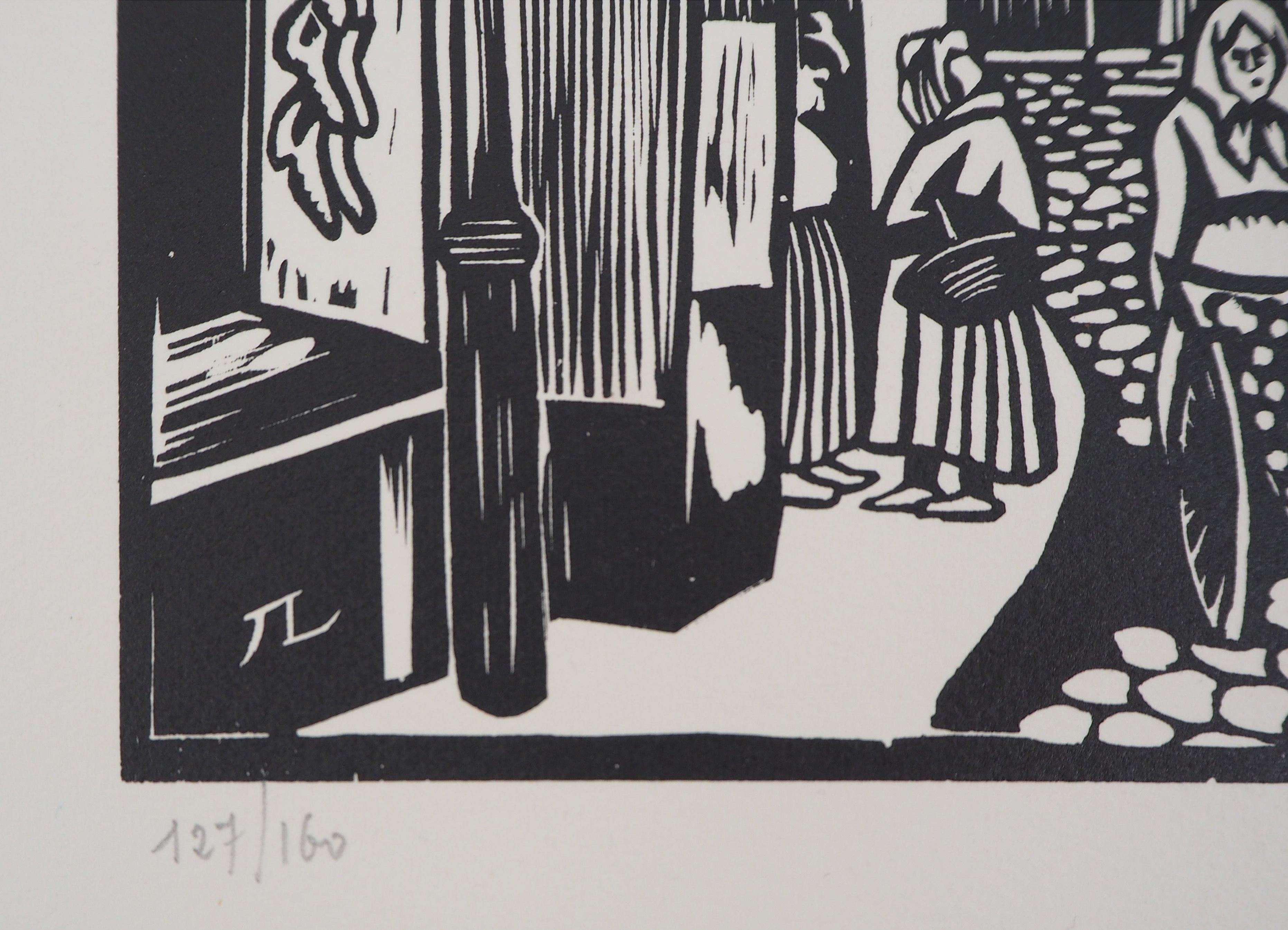 Paris, Alte Straße im Quartier Latin - Original-Holzschnitt, handsigniert (Grau), Landscape Print, von Jean LEBEDEFF 
