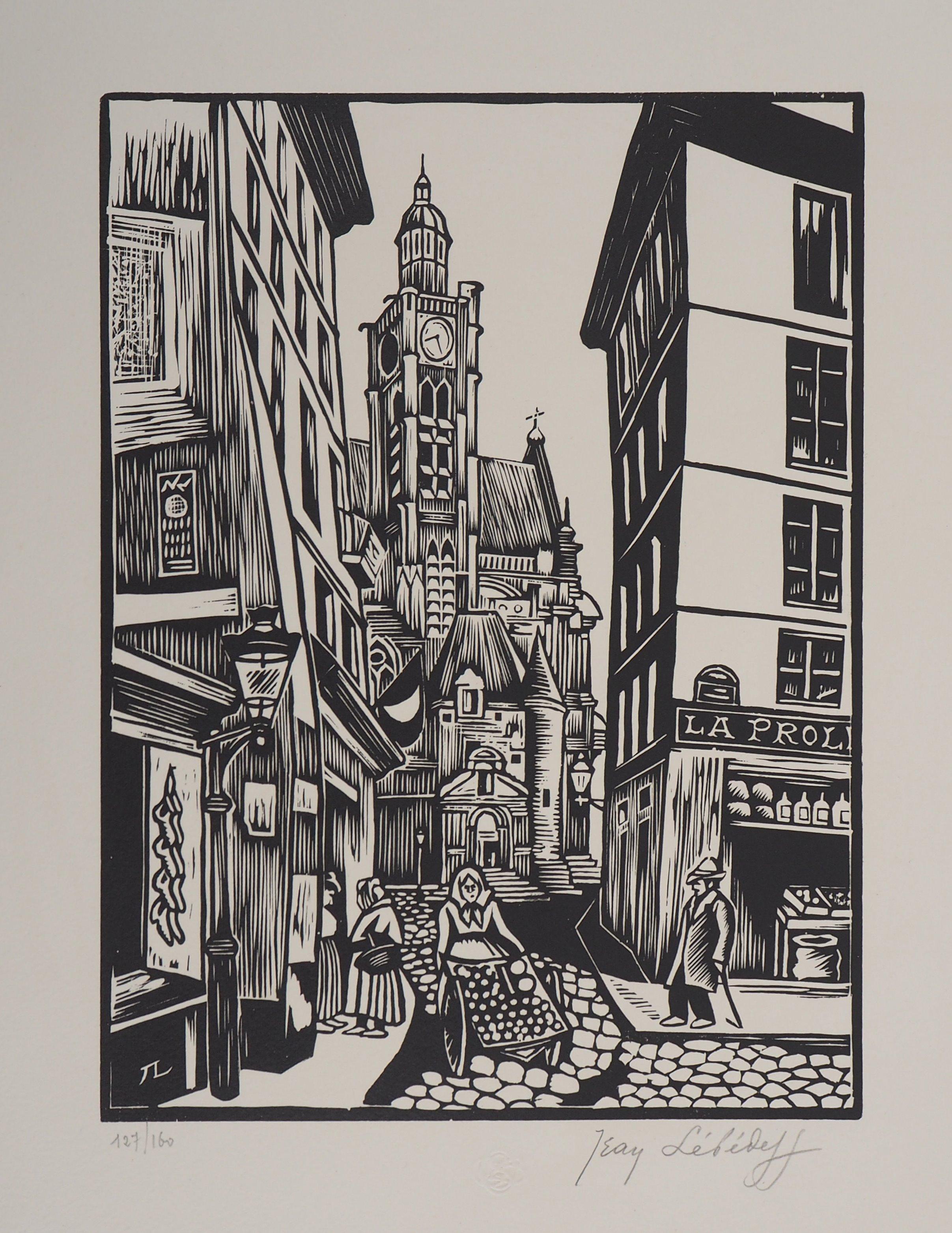 Jean LEBEDEFF  Landscape Print – Paris, Alte Straße im Quartier Latin - Original-Holzschnitt, handsigniert