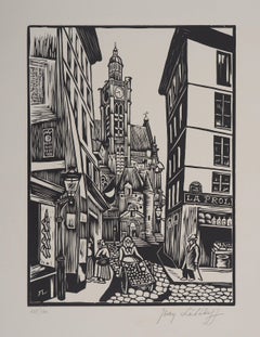 Paris, Alte Straße im Quartier Latin - Original-Holzschnitt, handsigniert