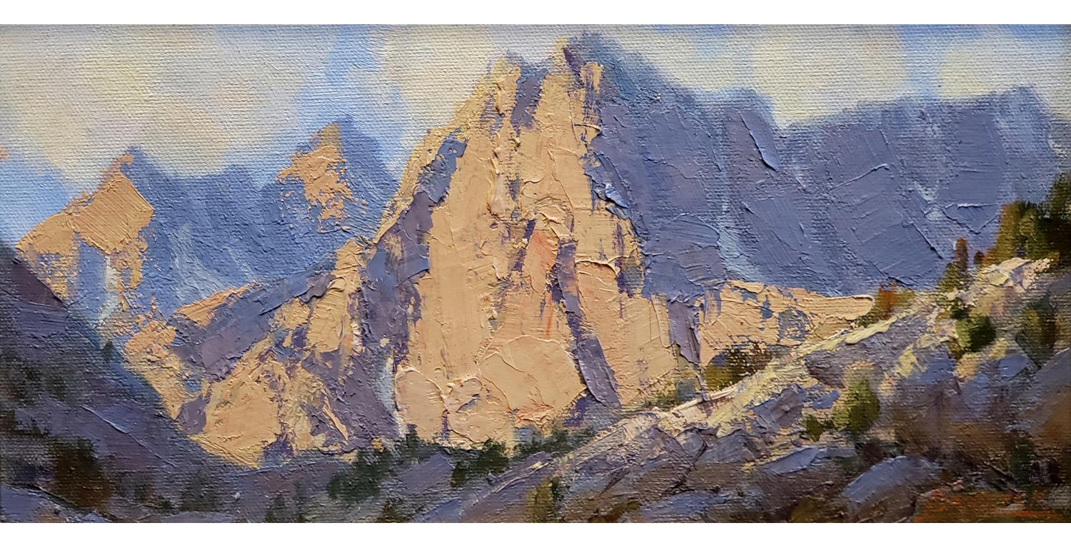 Première lumière sur Picture Peak ; La Sierra - Painting de Jean LeGassick