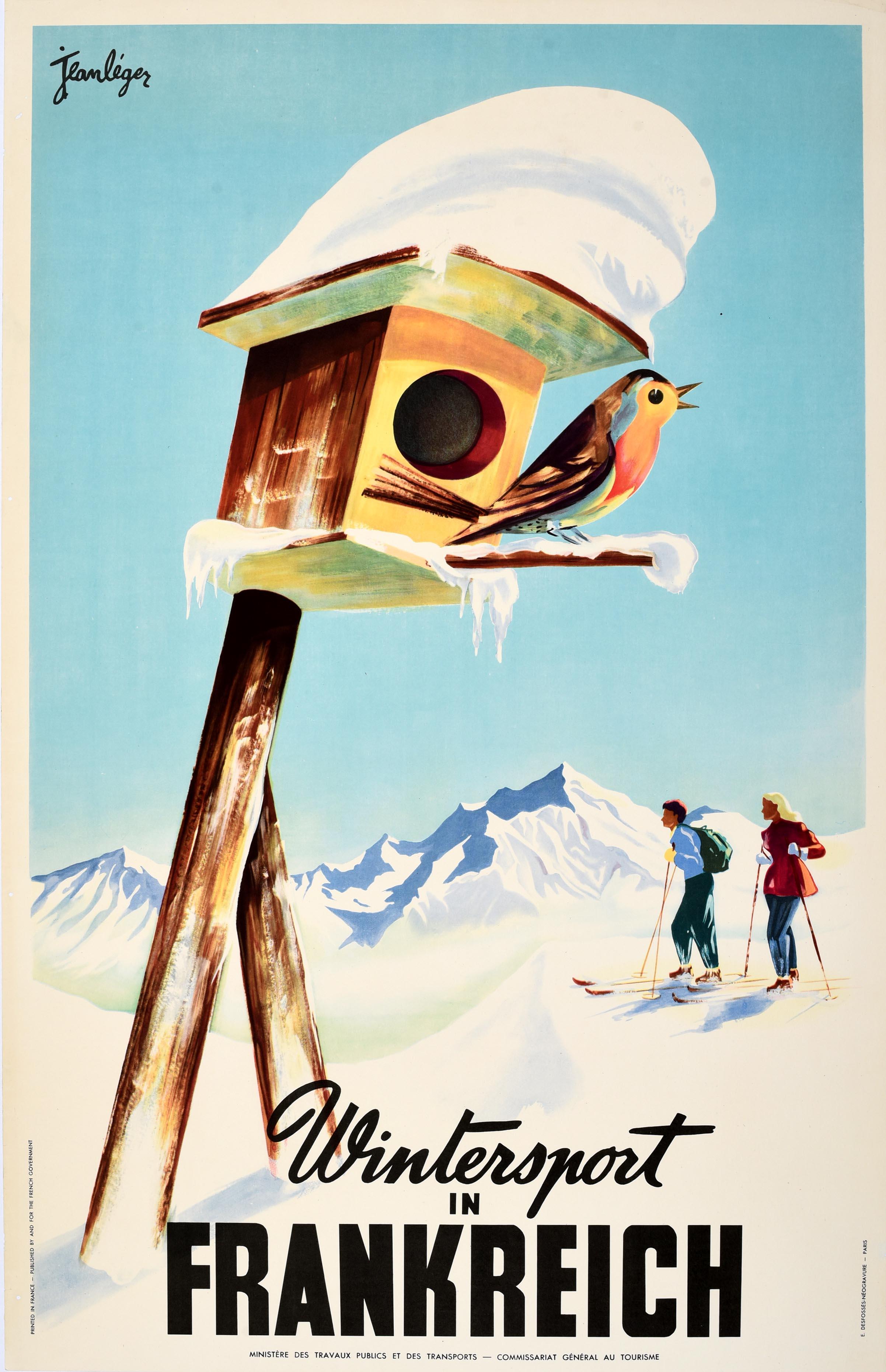 Original vintage skiing poster advertising Winter Sports in France / Wintersport in Frankreich - featuring a great design depicting a couple on skis enjoying the view of the snowy mountains below the blue sky background, a robin redbreast bird on a