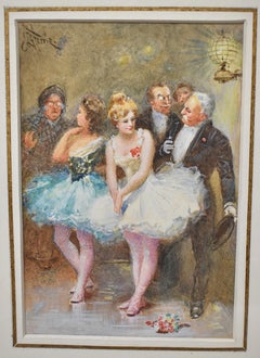 Jean Leon Gerome Ferris Framed Watercolor Painting, Ballerinas with Gentlemen